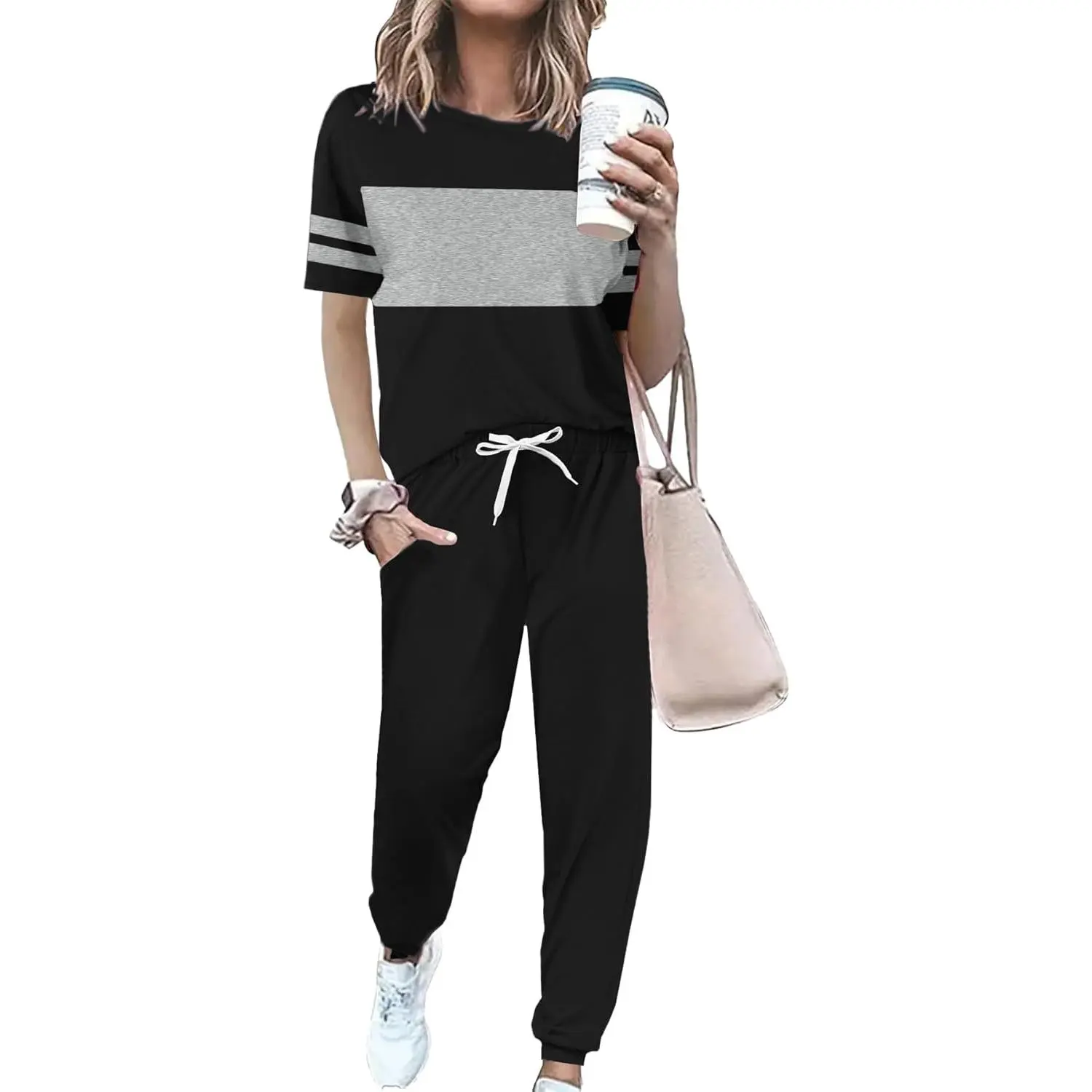 Women 2 Piece Outfits 2026 Summer Casual Tracksuit Short Sleeve Sweatpants Lounge Sets Travel Sweatsuits with Pocket