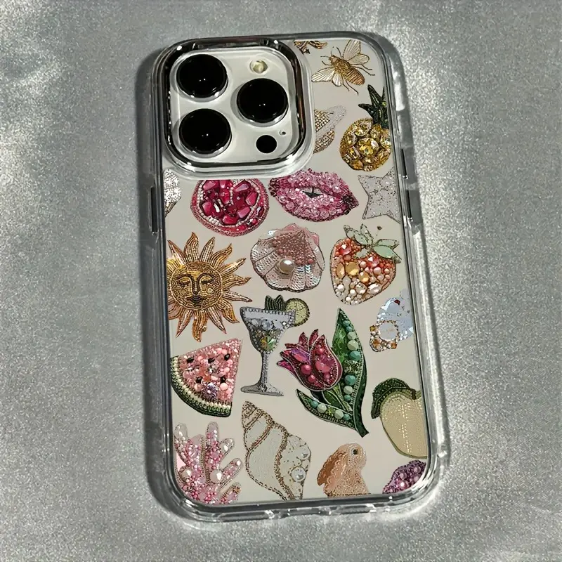 Jeweled Fruit Charm Phone Case, Beaded Pomegranate Sun Cocktail Clear Cover for iPhone 17 16 15 14 13 12 11 X Plus Pro Max, Maximalist Gift