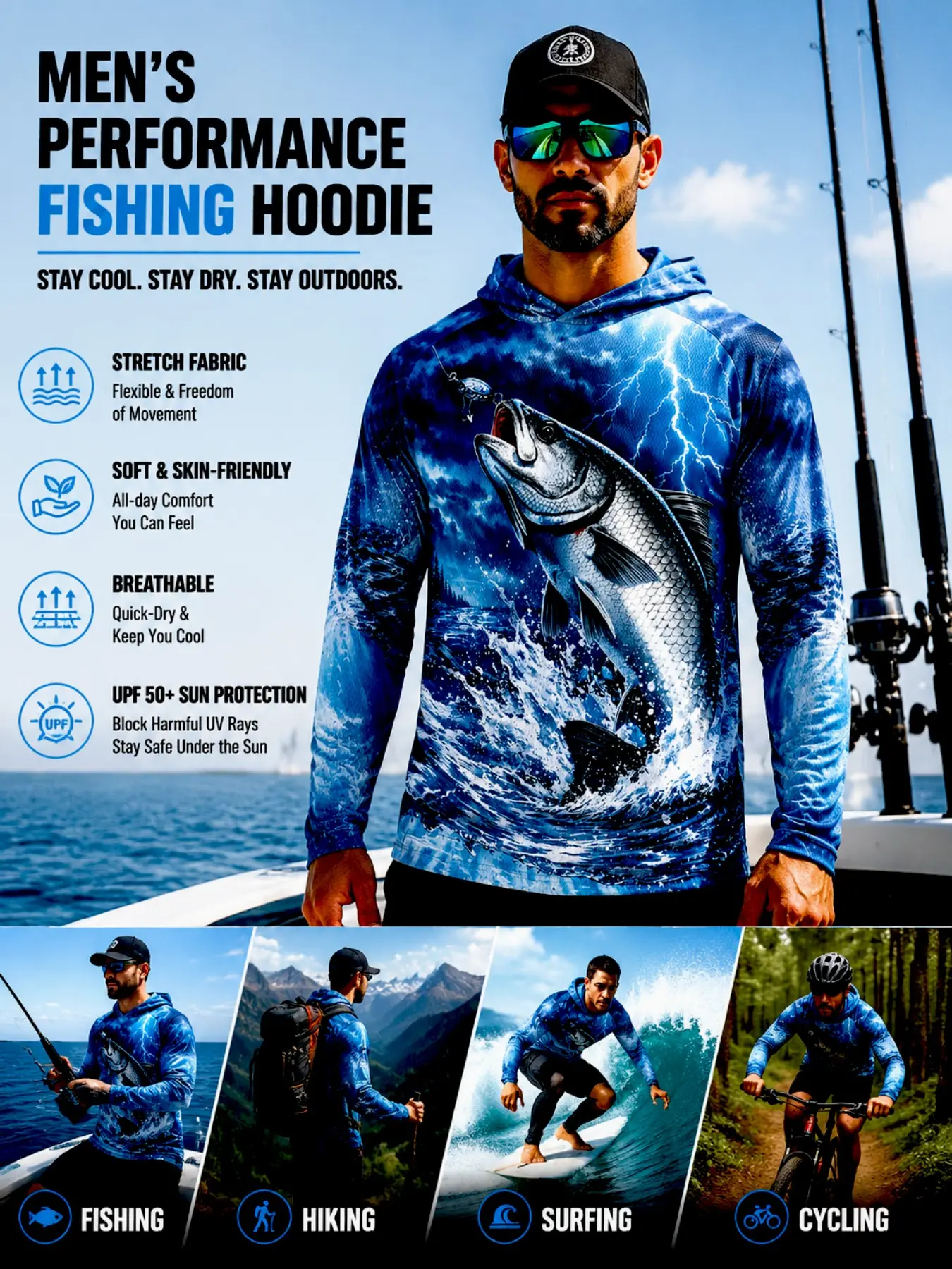 Men UPF50+ Sun Protection Hooded Fishing Shirt Outdoor Fishing Wear Big Salmon Fish Lightning Ocean Wave Full Print Quick Dry Breathable Mesh Long Sleeve Outdoor Sports Tops For Fishing Hiking Surfing Cycling