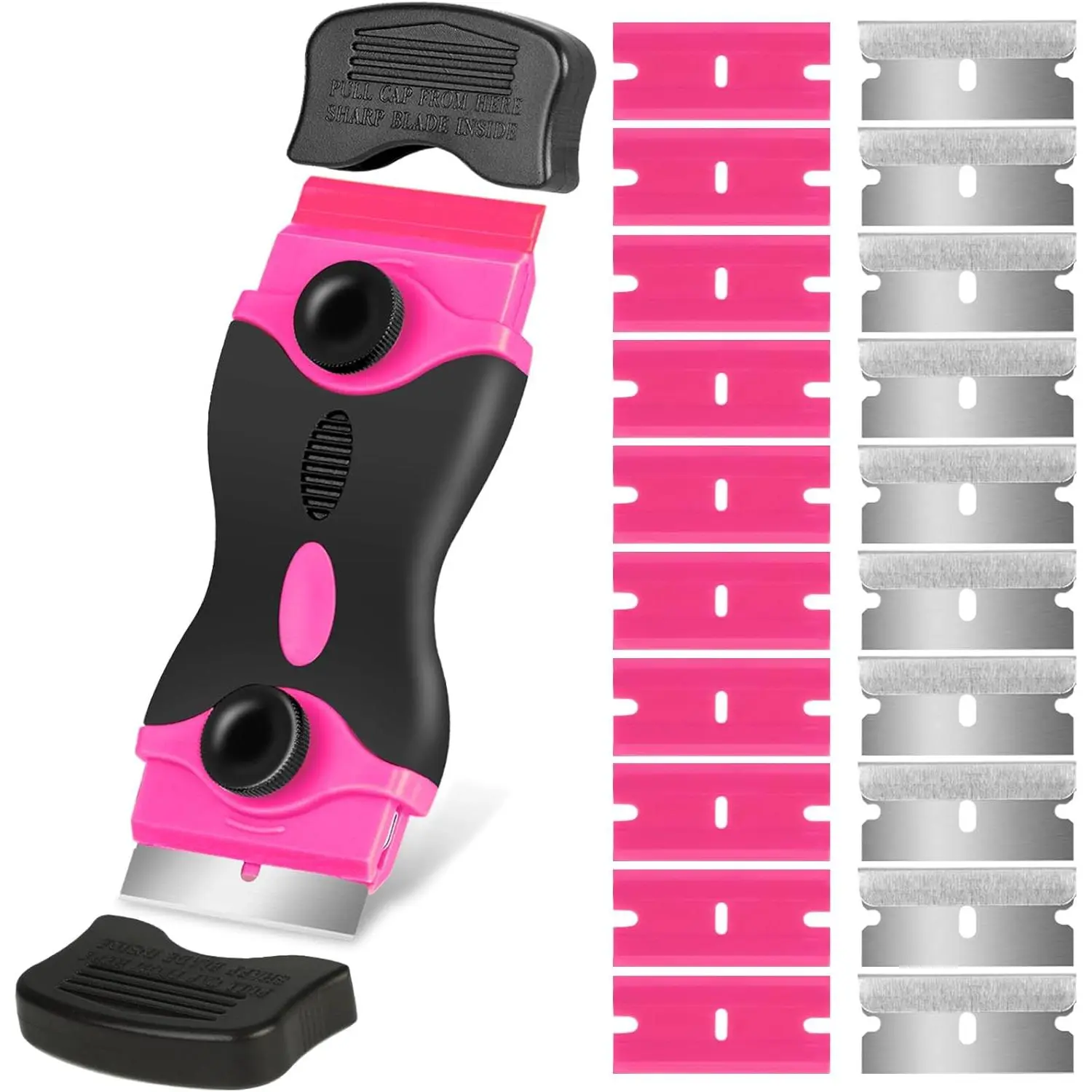 Razor Blade Scraper Tool Kit Set - 1 Pack with 20 Safety Cover-Included Blades, Dual-Scraper Tool, Plastic & Metal Body, Non-Scratch, Ergonomic Convenient Grip, Durable Body Handles Frequent Use, Compact Easy Carrying, for Efficient Glass Top Cleaning
