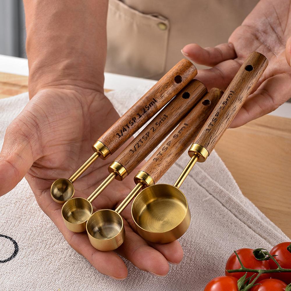 Stainless Steel Measuring Cups & Spoons Set, 8 Counts/set Measuring Cups and Spoons with Ergonomic Wood Handles, Kitchen Utensils for Baking & Cooking