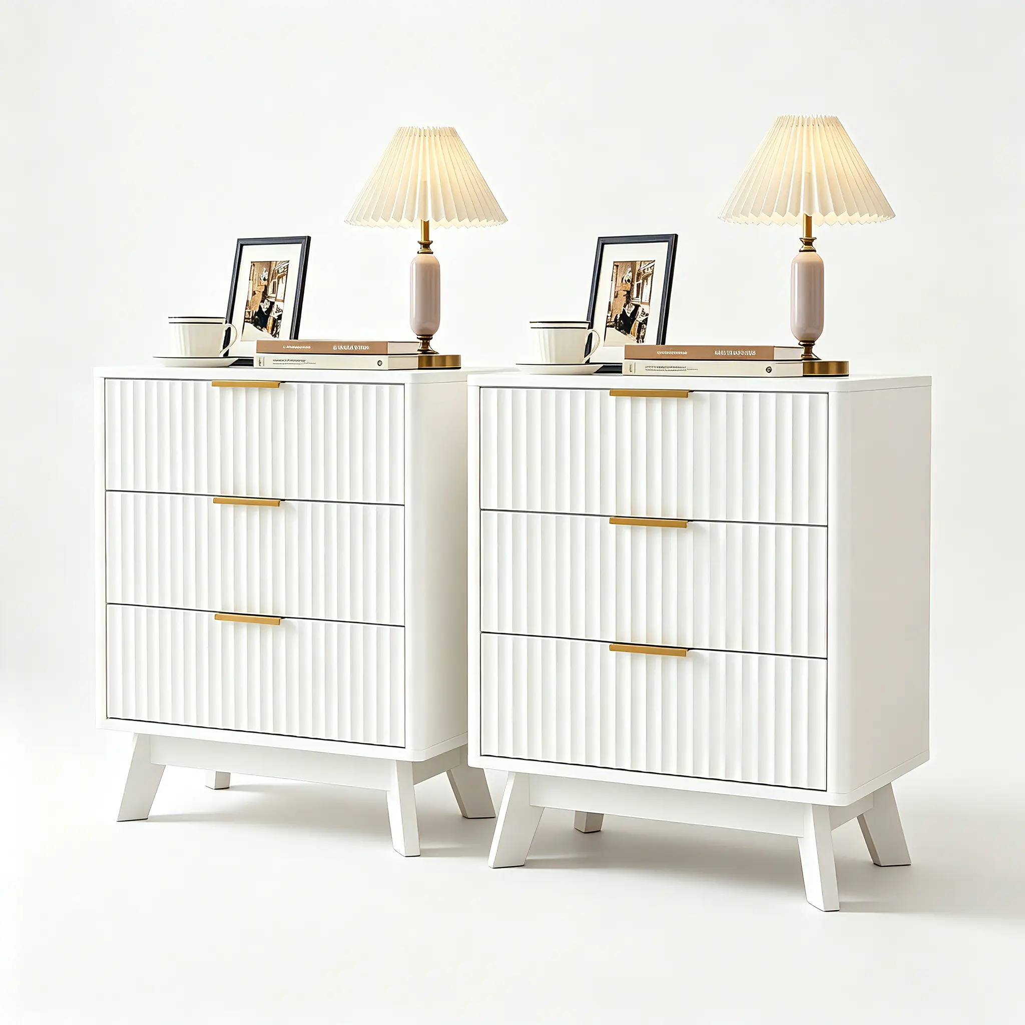 2-Piece Wooden Fluted Nightstand Set, 3-Drawer Bedside Table with 5.9in Raised Legs, Farmhouse End Table for Living Room Small Spaces, Easy Assembly