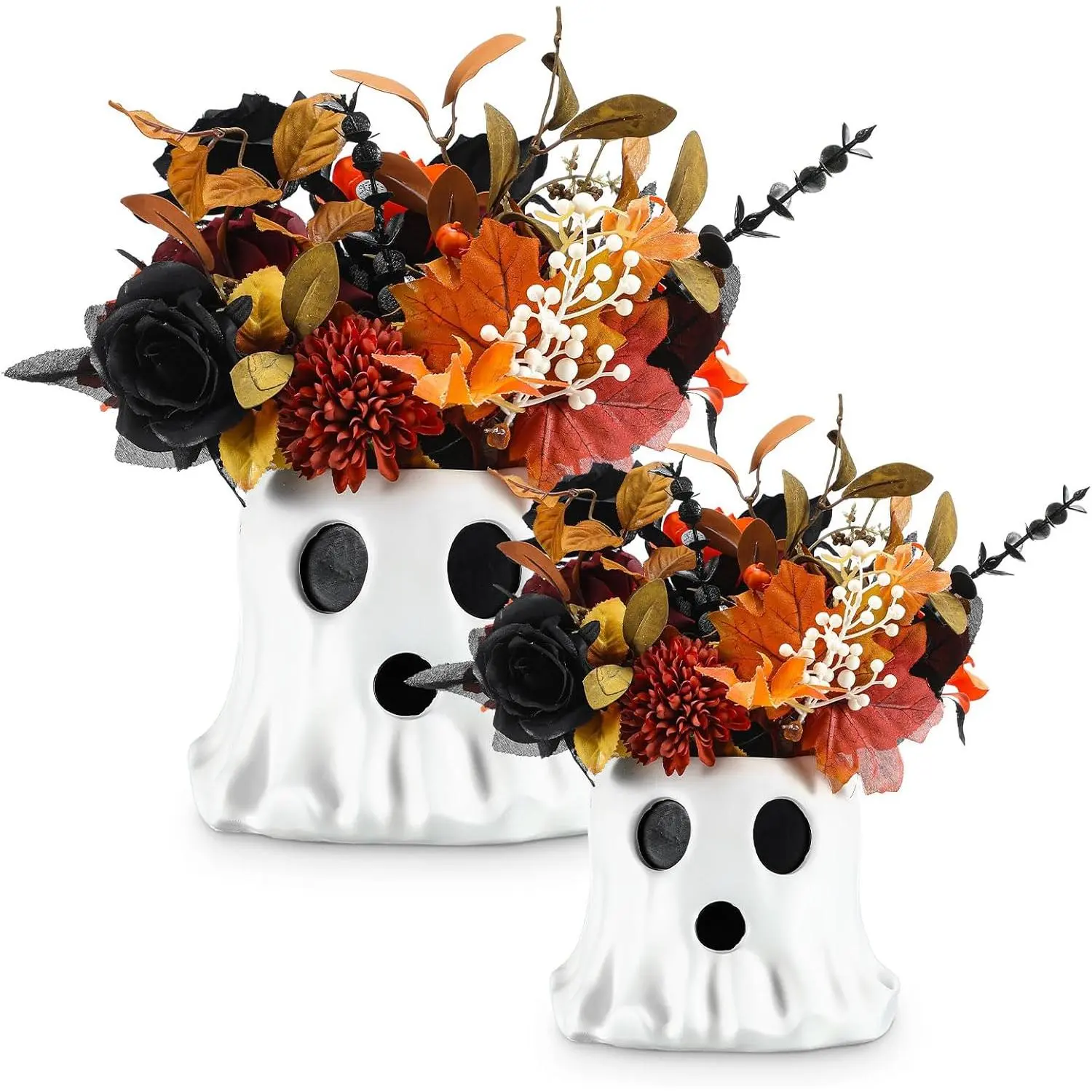 Fullhawl 2-Pack Ghost Bucket Decor, Cute Halloween Vase, Multi-Use Candy Bowl Planter Pot for Indoor Outdoor Garden Home Decoration