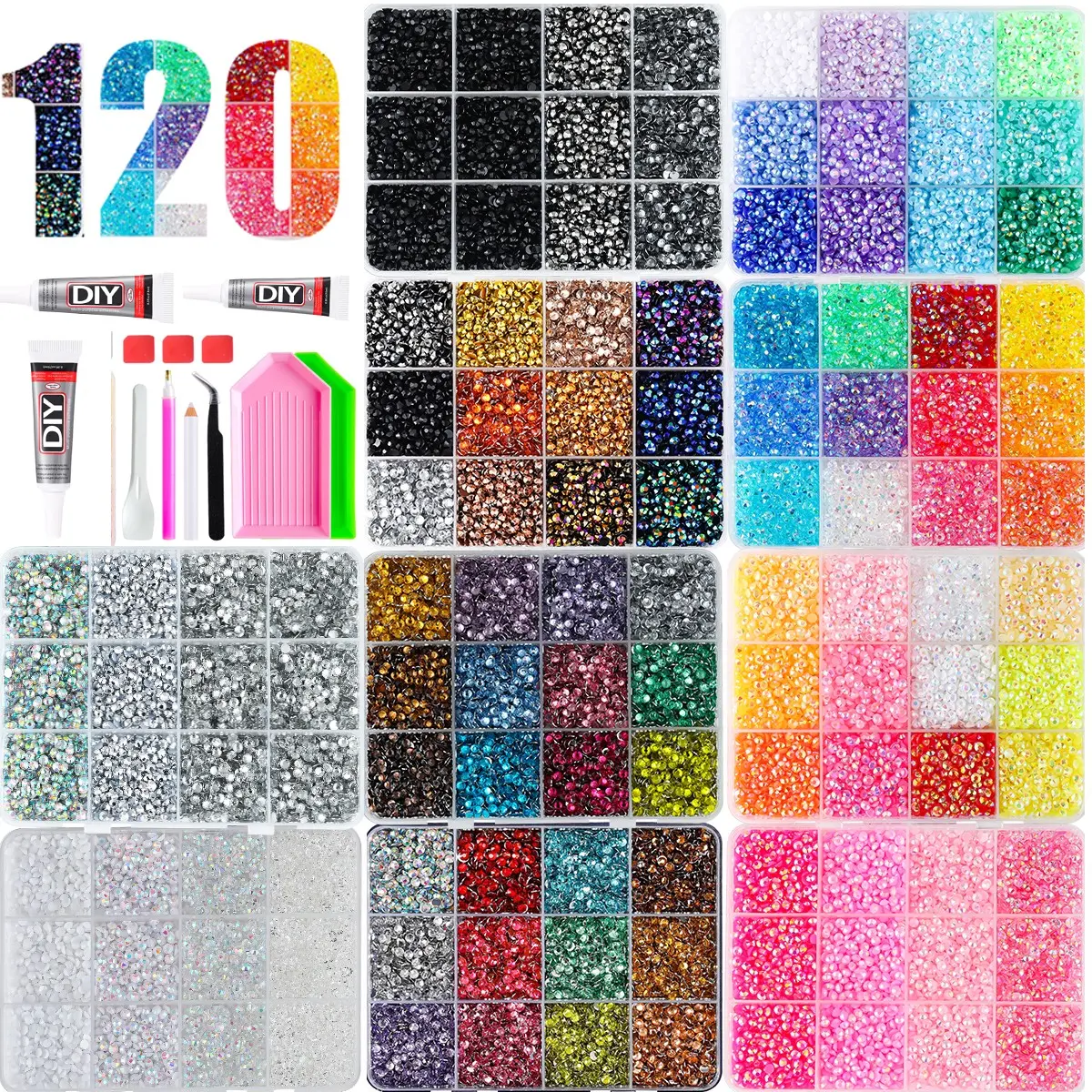 Sparkling dazzling 120 Grids Multi-Color Flatback Rhinestones Kit, Round Ab Crystal Rhinestones, DIY Tools, Bling for Crafts, Nail Art, Tumbler Decor.ultimate creative gift for her,graduation gift,class of 2026,mid year sale, deals for you.christmasinjuly
