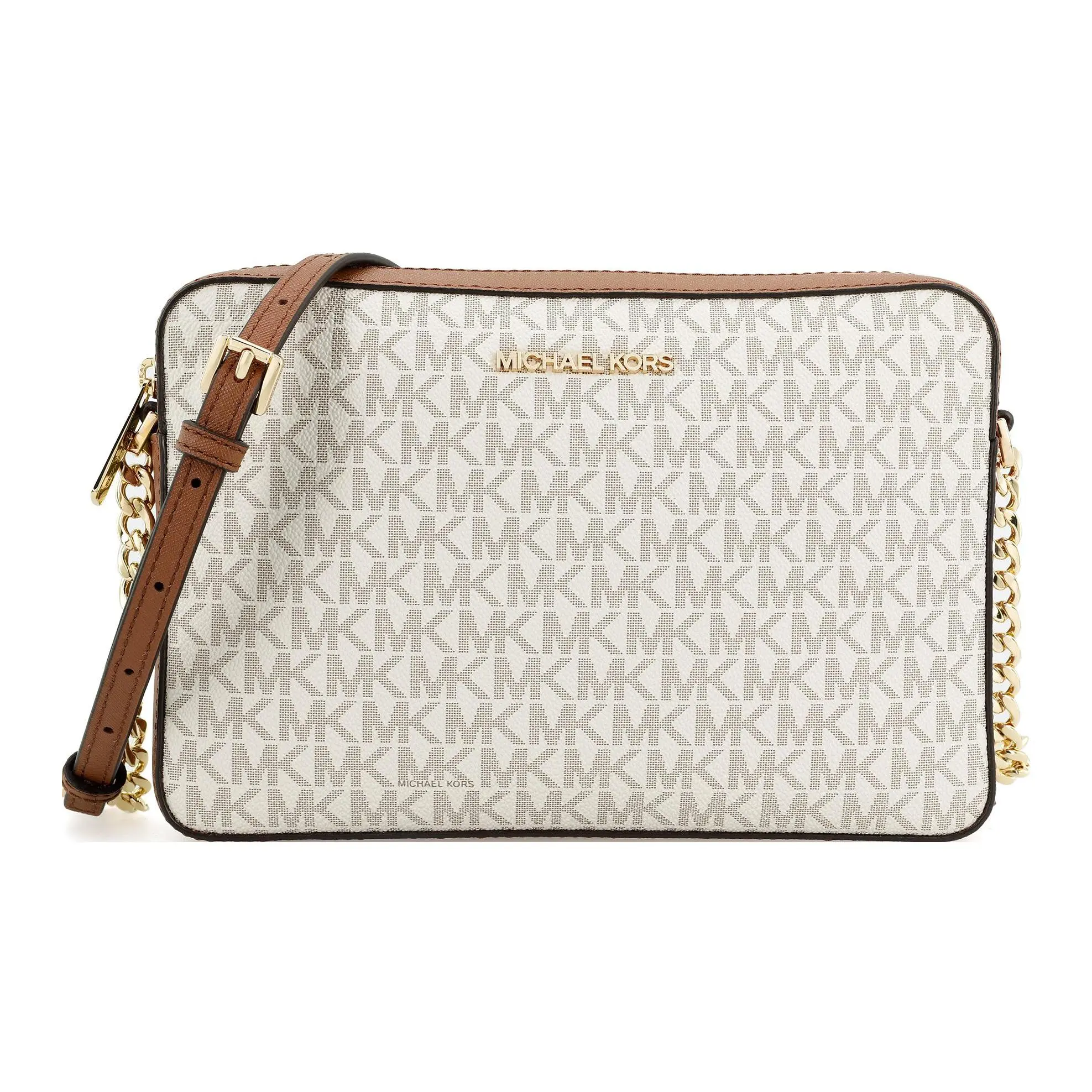 Michael Kors MK Jet Set Long Vintage Monogram Chain Camera Bag for Women, Vanilla and Brown Michael Kors MK Jet Set Long Vintage Monogram Chain Camera Bag for Women, Vanilla and Brown
