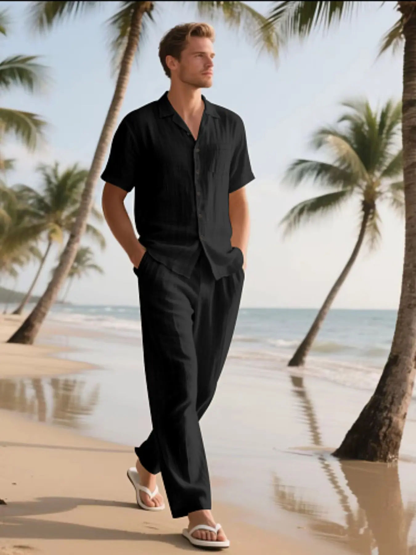Men's Summer Linen Short Sleeve Shirt Long Pants Set, Lightweight Breathable Solid Two-Piece, Tropical Beach Vacation Casual Wear