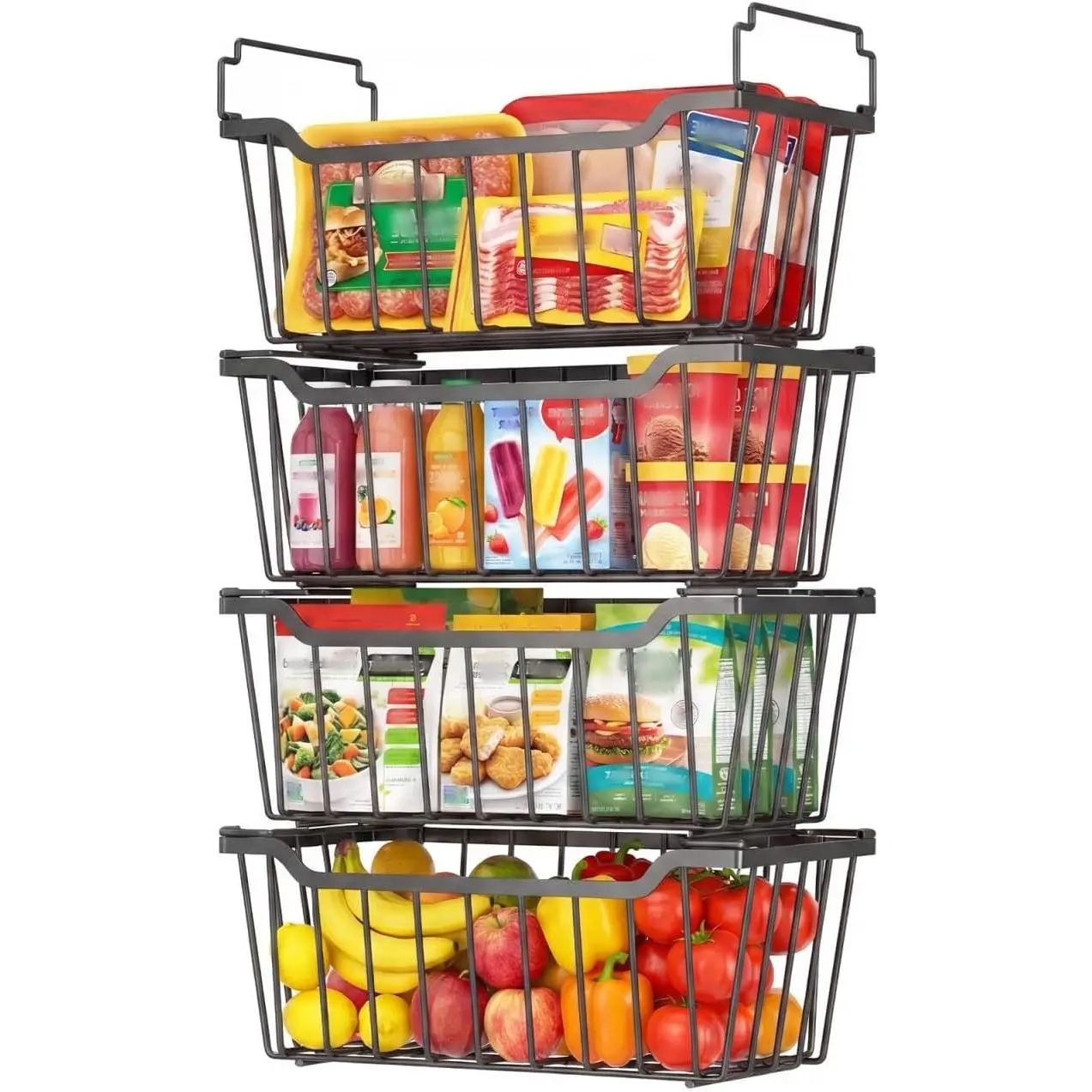 Freezer Organizer Bins with Foldable Handle, 4 Pack Stackable Freezer Baskets for 3.5-7 Cu.FT Deep Chest Freezer Organization, Coated Metal Freezer Storage Bins with Better Space Utilization