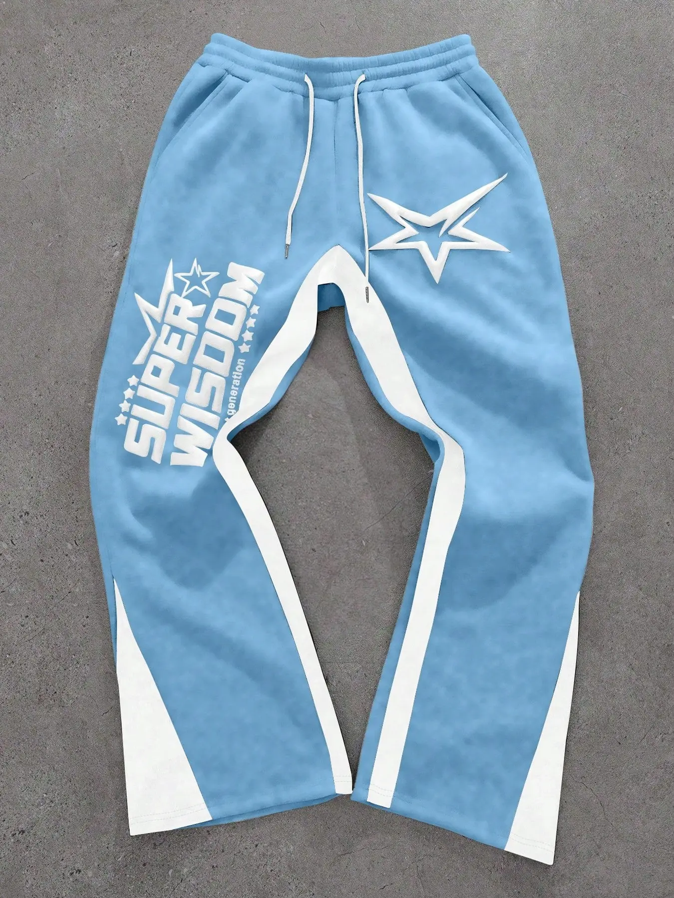 Men's Stylish Light Blue Flared Athletic Sweatpants, Featuring a Star and Super Wisdom Letter Print with Contrasting Side Stripes, a Hip-Hop Style Bottom Suitable for Skateboarding and Everyday Casual Wear, Contrast Striped Sweatpants