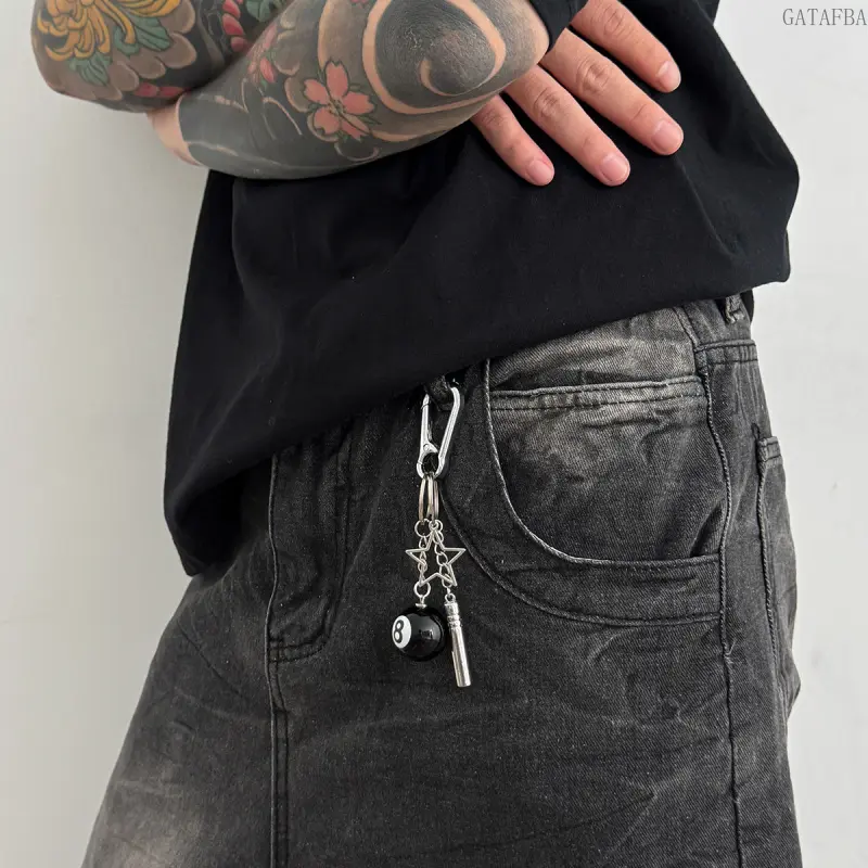 Hip Hop Five Point Star 8 Ball Billiard Keychain With Whistle Stylish Backpack Charm For Men,back to school,back to school haul