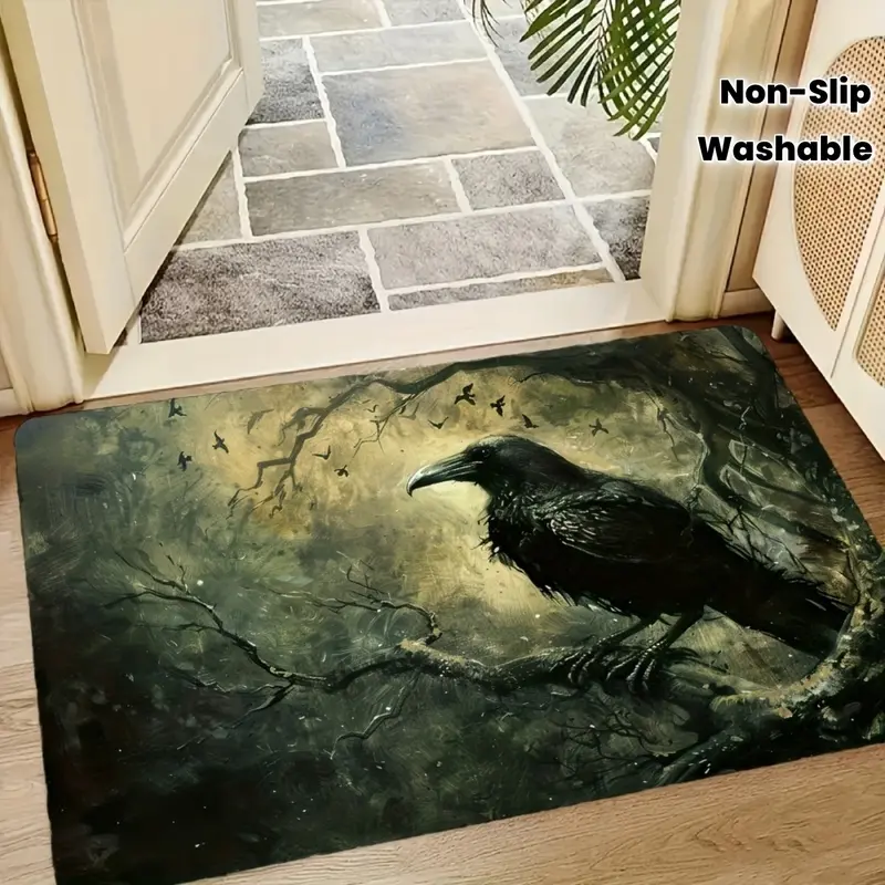 Vintage Oil Painting Raven Crow Forest Bath Mat Anti Water Absorbent Washable Rug For Entrance Hall Bathroom Dark Gothic Wiccan Halloween Home Decoration Bath Rugs