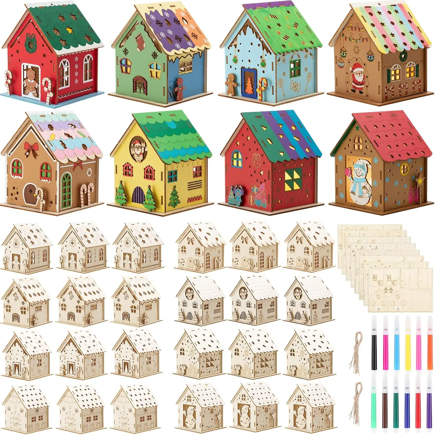 24 Sets DIY Wooden Christmas Houses and Watercolor Pens Gingerbread House Kit Wooden Christmas Village Make Your Own  Graffiti Crafts for Activity Creative DIY Art Winter Table Decor