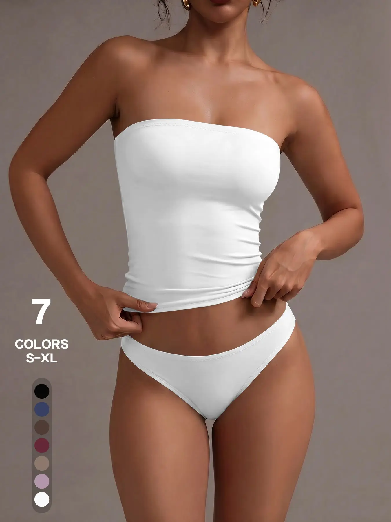 7 Colors Seamless Strapless Tube Top & Low Waist Briefs Set, Women's Basic Lingerie, Sexy Drop Waist Sleeveless Crop Top