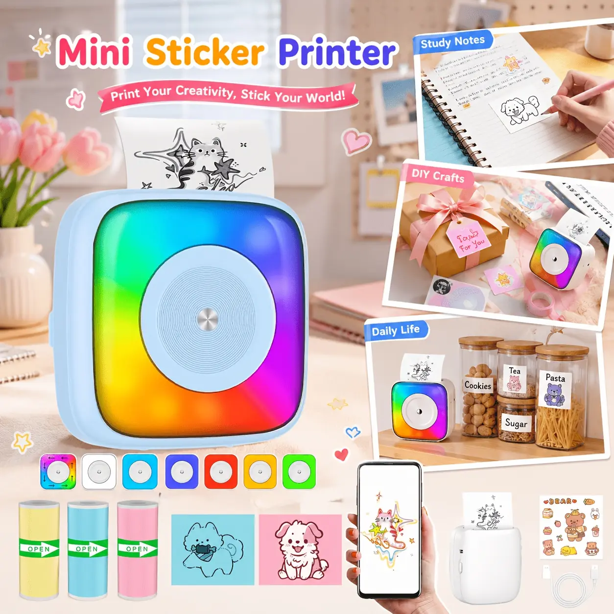 Mini pocket printer, comes with 3 rolls of stickers, scrapbook and journal printer, student error notebook printer, DIY photo sticker maker, gift tag printer, a must-have for craft enthusiasts