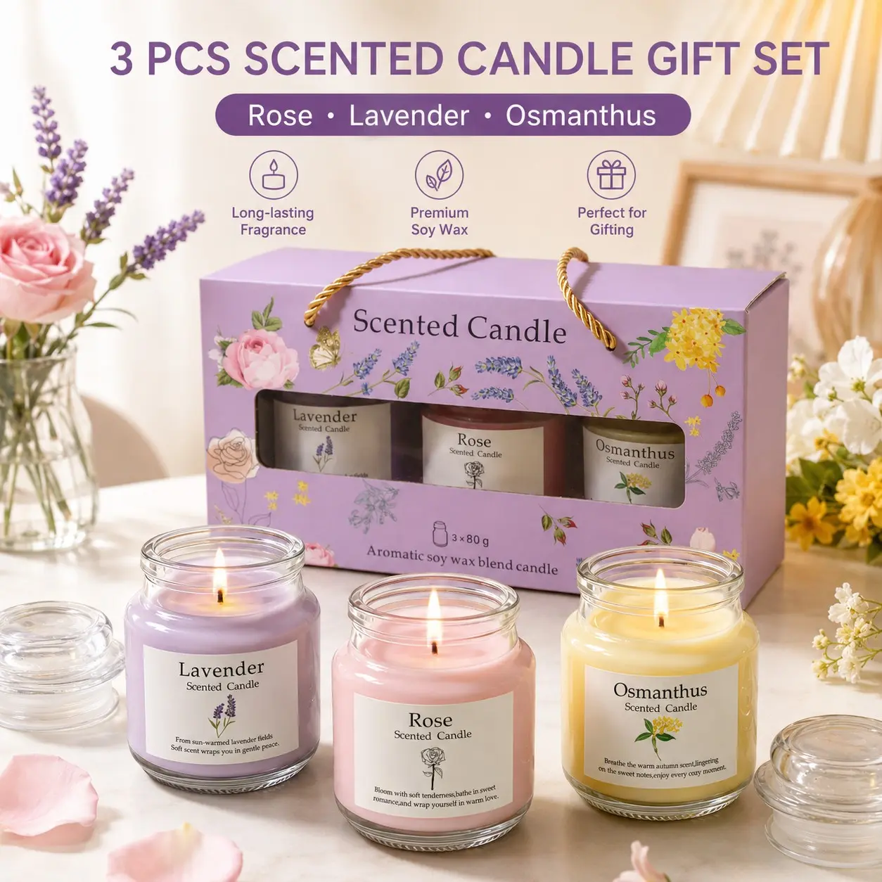 Christmas Scented Candle Gift Set, 3-Pack Osmanthus Rose Lavender Fragrance, Glass Cup Candles, Holiday Gifts, Long-Lasting Aroma