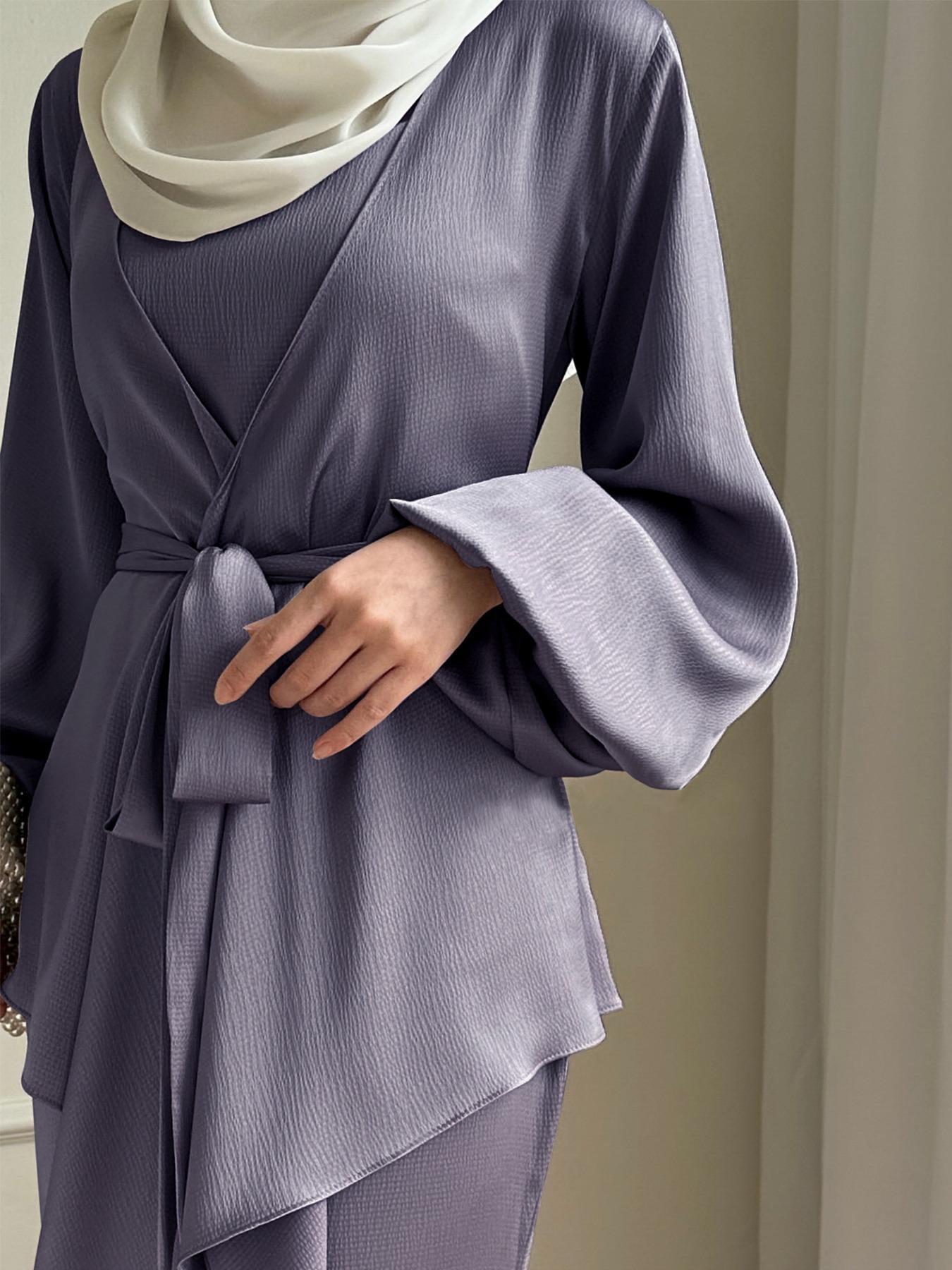 Two-Piece Set Women's Plain Lantern Sleeve Asymmetrical Hem Belted & Tank Dress Islamic Set, Abaya Hijab Set, Modest Casual Two Piece Outfits for Daily Outdoor Wear, Ladies Clothes for All Seasons
