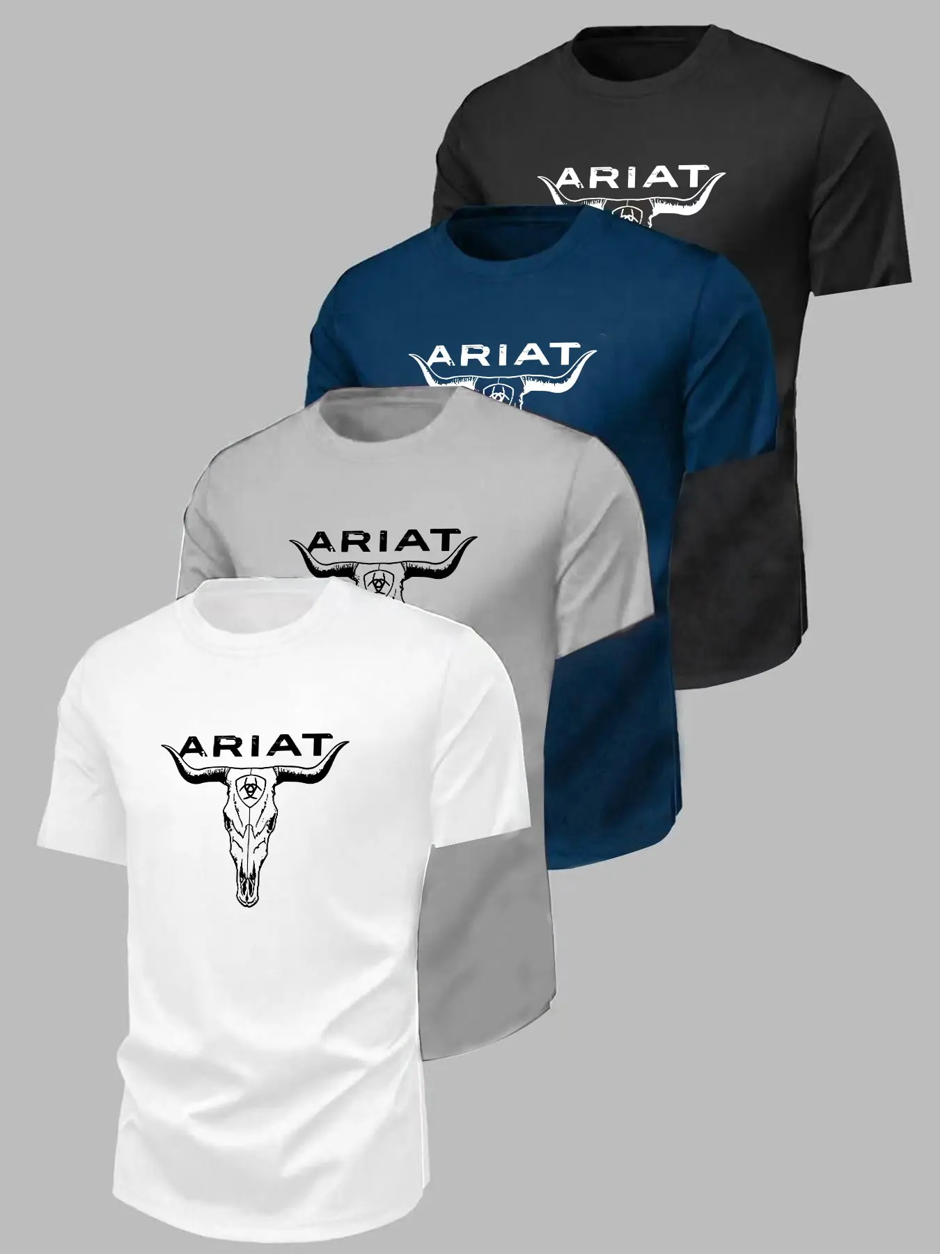 4-Pack Streetwear Cool T-Shirts, Trendy Western Bull Print, Fitted Long Sleeve, Unisex Casual Wear, All-Season Fashion