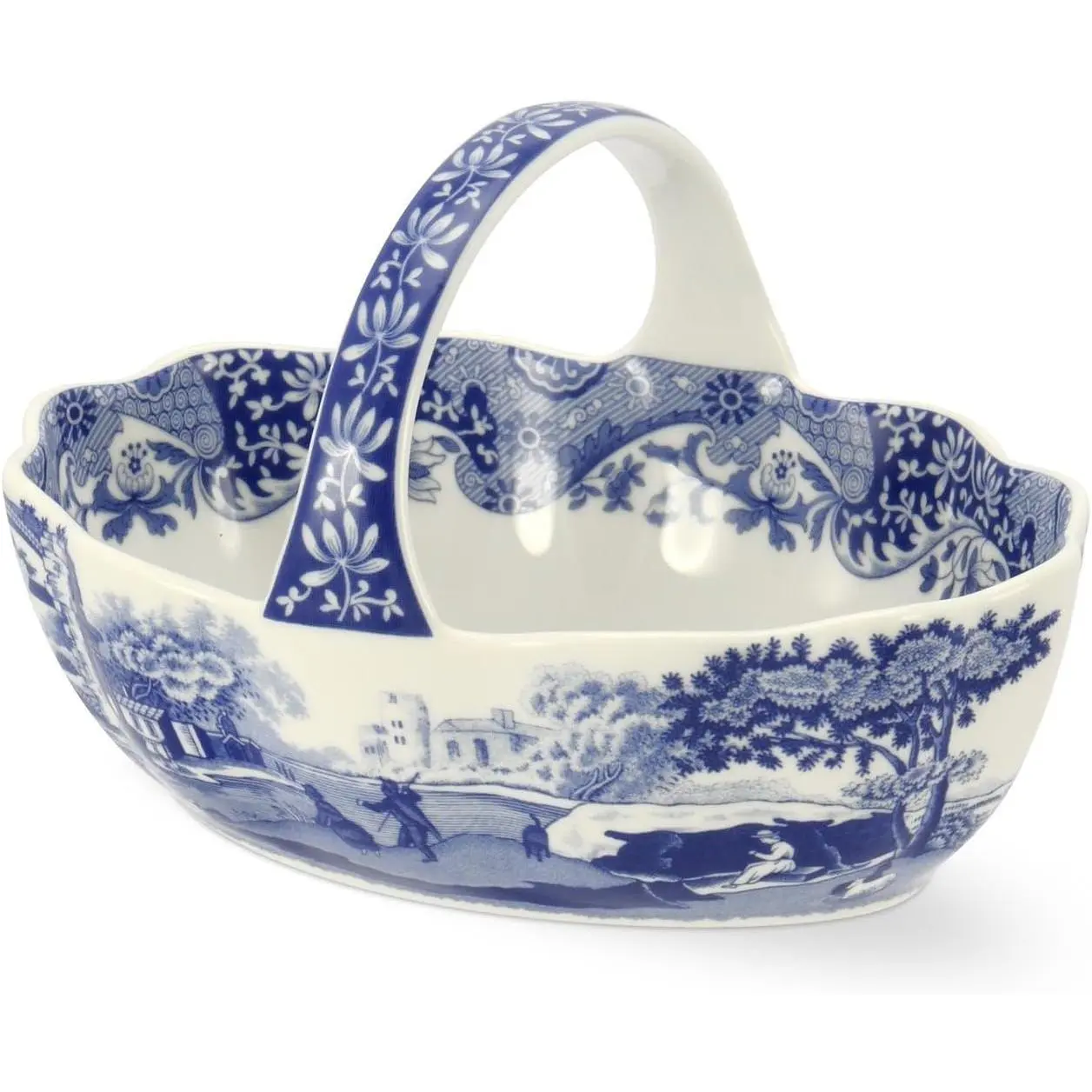 Spode Blue Italian Porcelain Handled Basket with Chip-Resistant  - 6 Inch Decorative Serving Dish for Holiday  Giving, Hostess Presentation, Seasonal Table Accents