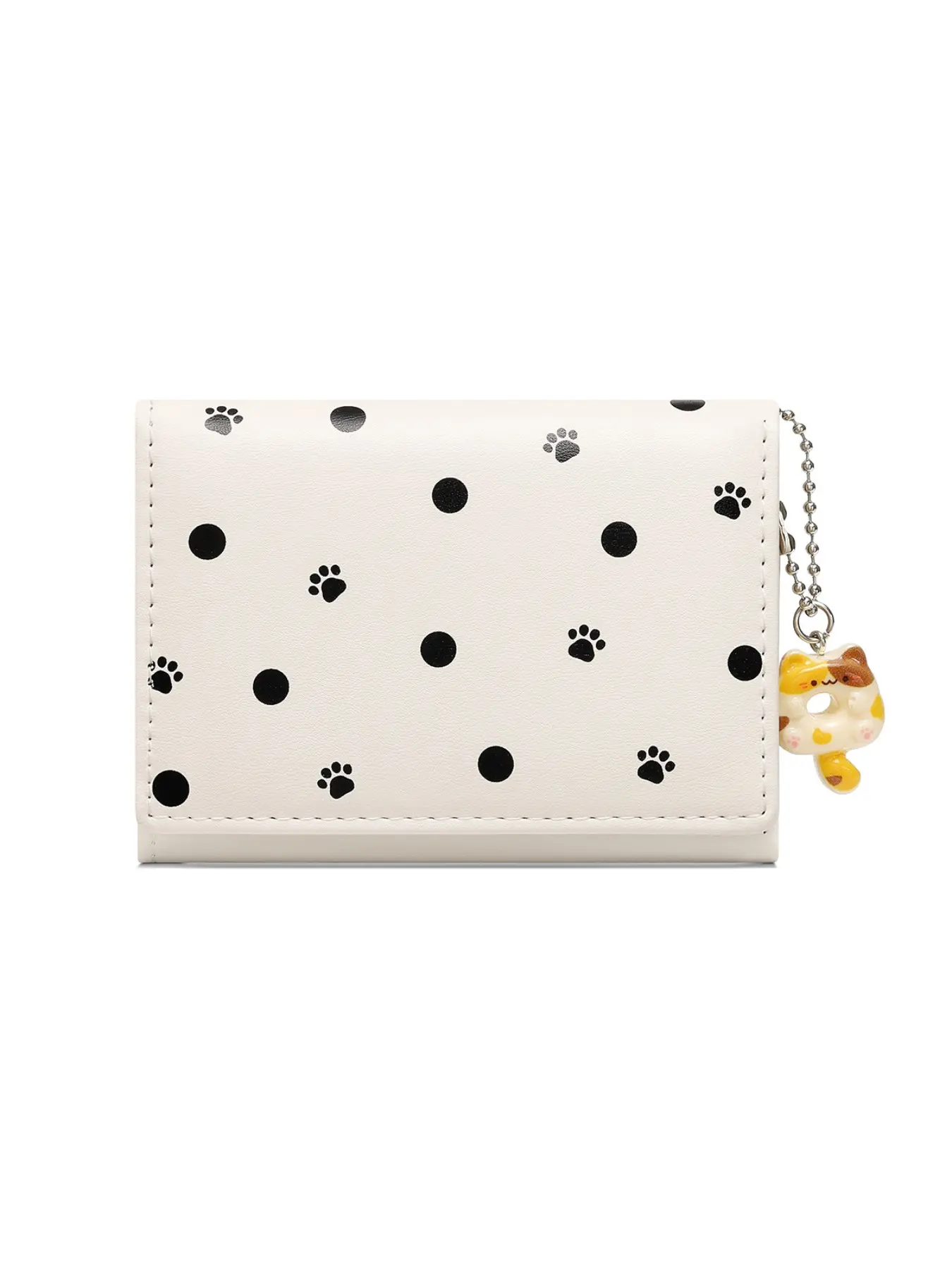 Cute PU Leather Wallet for Women, Three-Fold Design with Multiple Card Slots, Round Dot Pattern, Short Style with Cat Charm Pendant