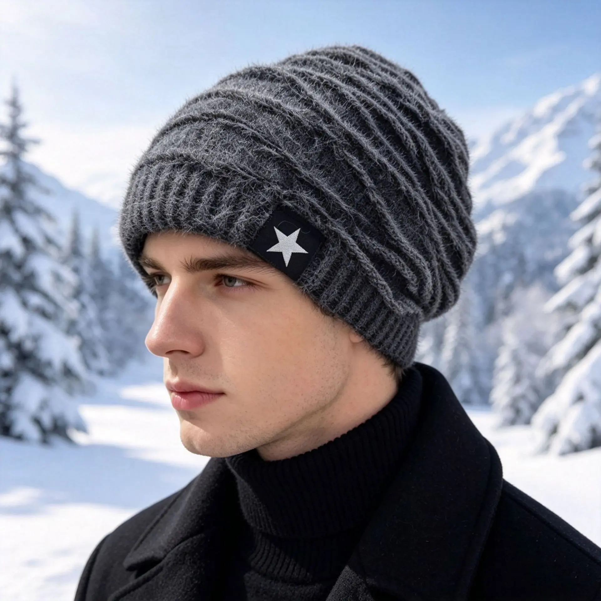 Unisex Faux Rabbit Fur-Lined Slouchy Knit Beanie - Thick Warm Oversized Stretch Skull Cap for Men, Women (Fashion Casual)
