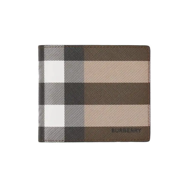 Burberry Check-Fabric Bifold Wallet for Men – Dark Walnut Brown and Multicolor Classic Check Pattern