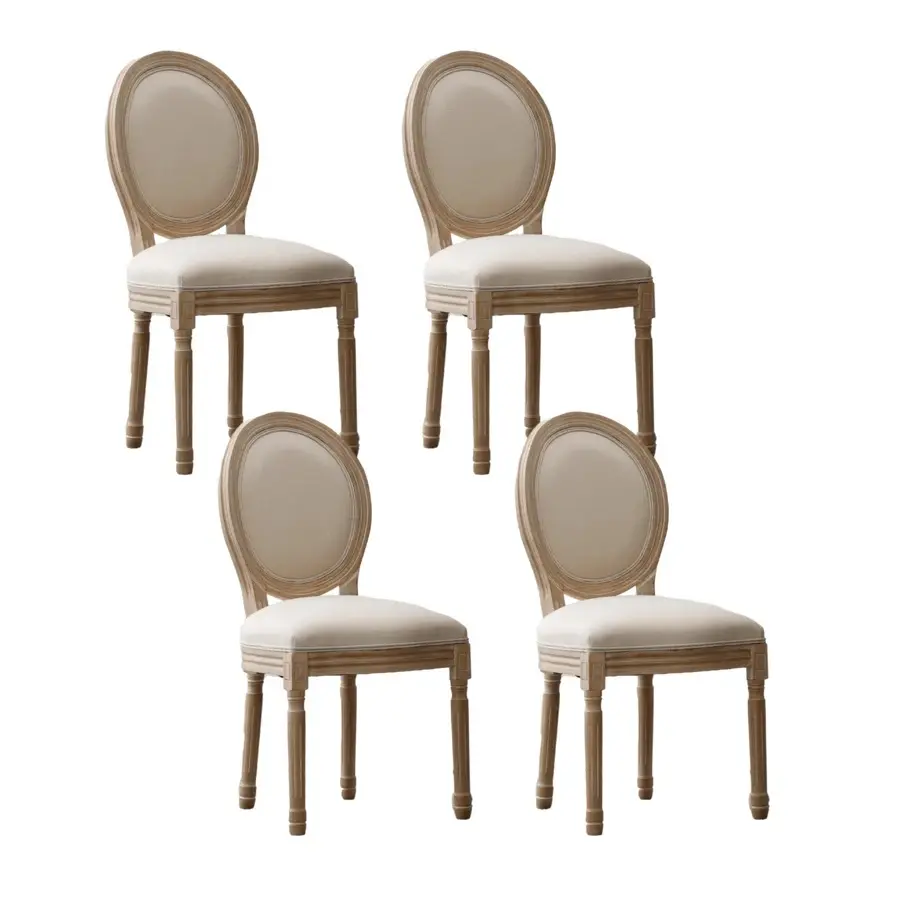 Cream Farmhouse Linen Upholstered Barstools (Set of 4) - Solid Wood Frame & Legs, Armless Oval Back Antique Painting Retro Parson Dining Chairs for Multiple Occasions