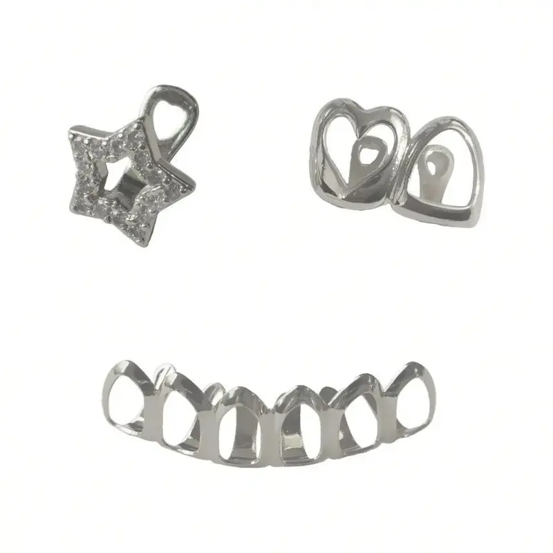 Glamorous Coquette Grillz Set for Women - Silver Plated Brass Iced Star & Open Heart Teeth Caps, Reusable & Customizable Fit for Concerts, Funky, Peppy, Teeth Accessory, Aesthetic