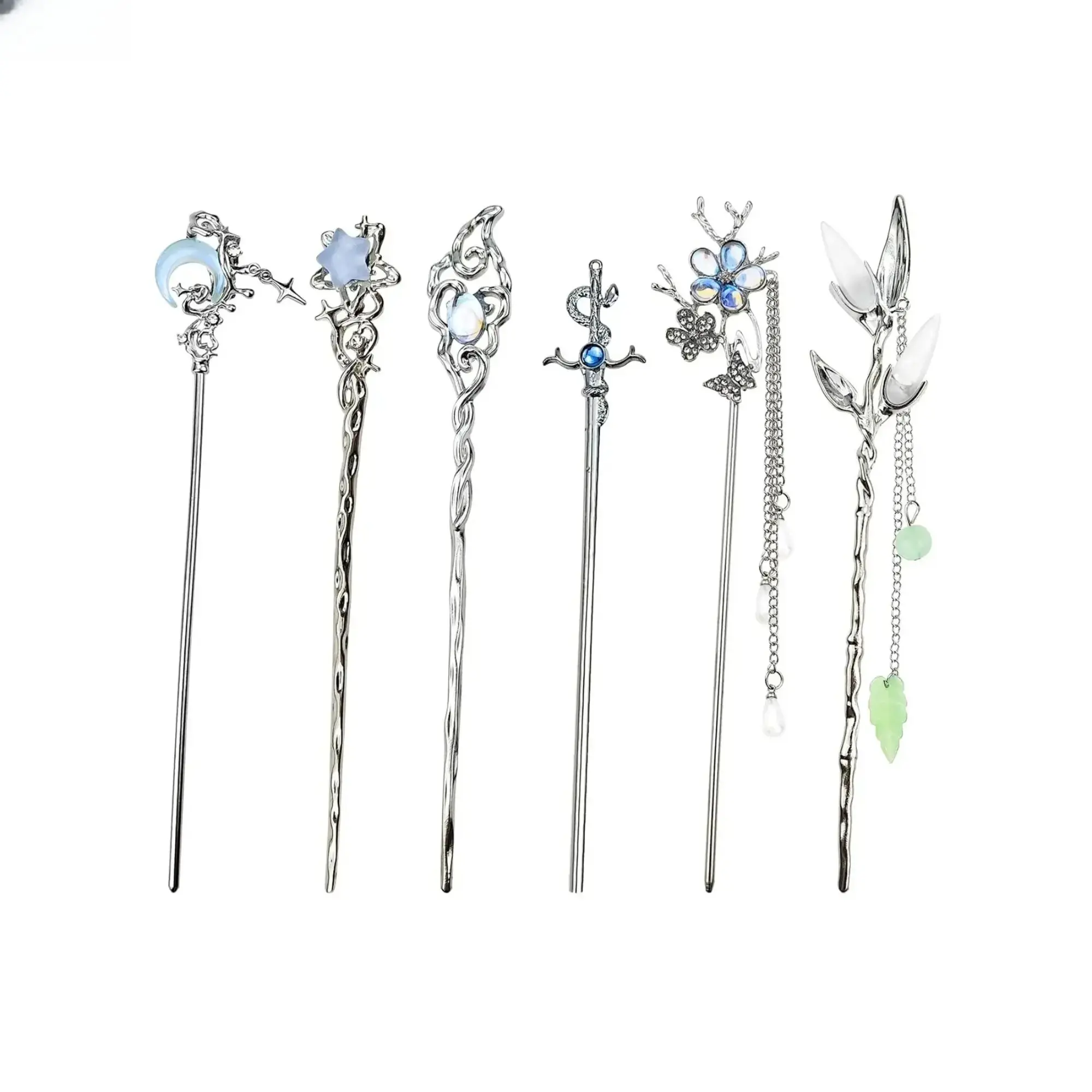 6PCS Star & Moon Hair Sticks for Buns – Vintage Silver Metal Hair Chopsticks, Elegant Updo Hairpins for Long Hair, Chinese Hanfu & Asian Style Hair Accessories for Women & Girls