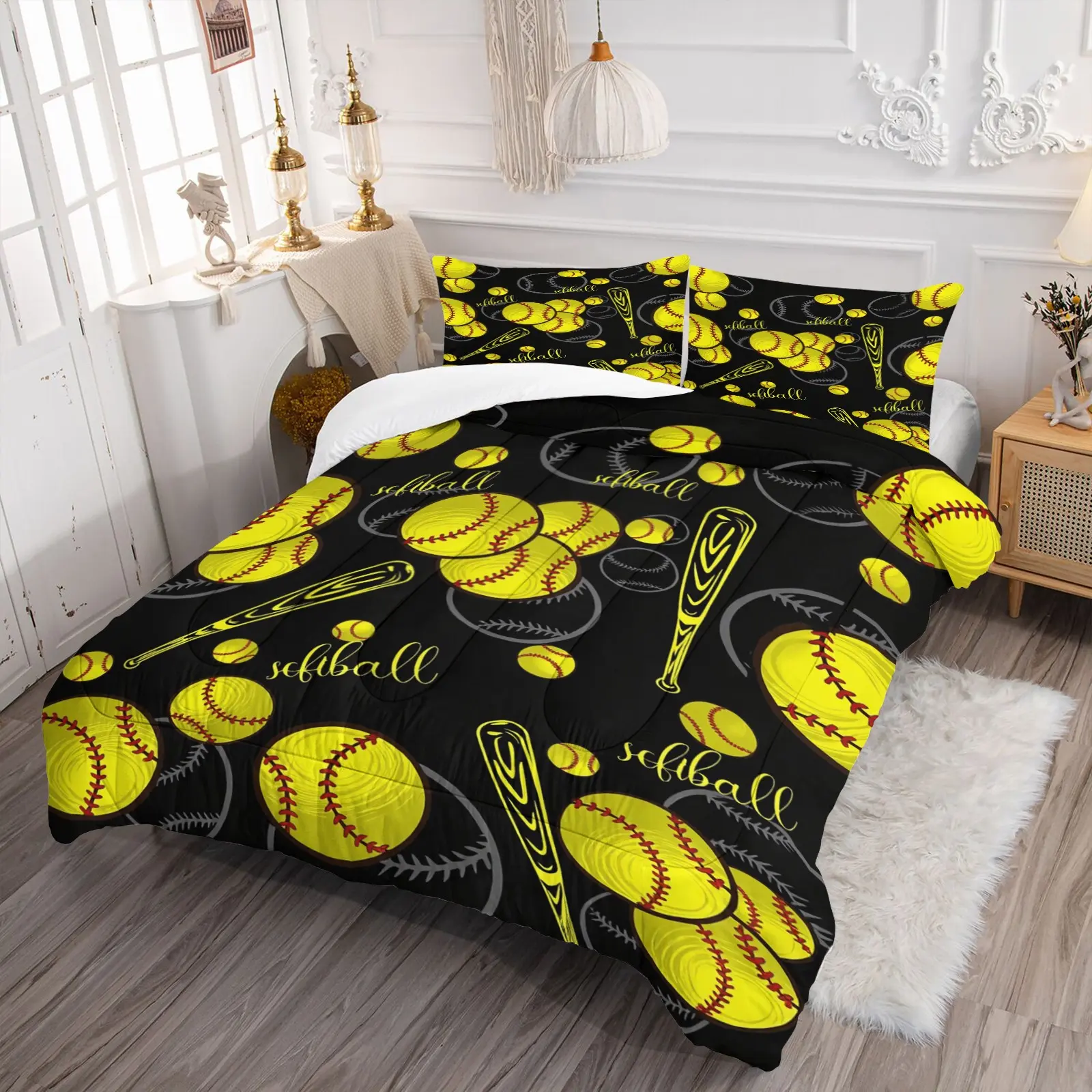 Retro Sporty Black Yellow Baseball Comforter Set, Includes 1 or 2 Pillowcases, Detailed Stitching & Athletic Text Print, Soft Machine Washable Sporty Stylish Home Bedding Ideal For Ball Game Lovers & Youth Bedroom Decoration