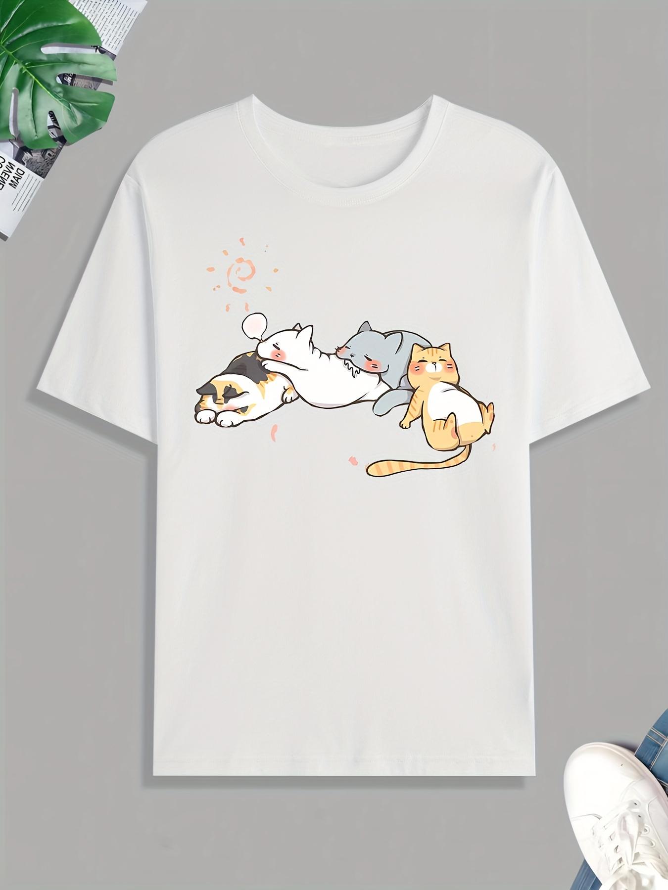 Men's fashionable casual printed short-sleeve T-shirt with cute cat illustrations, comfortable crew neck T-shirt for summer outdoor sports