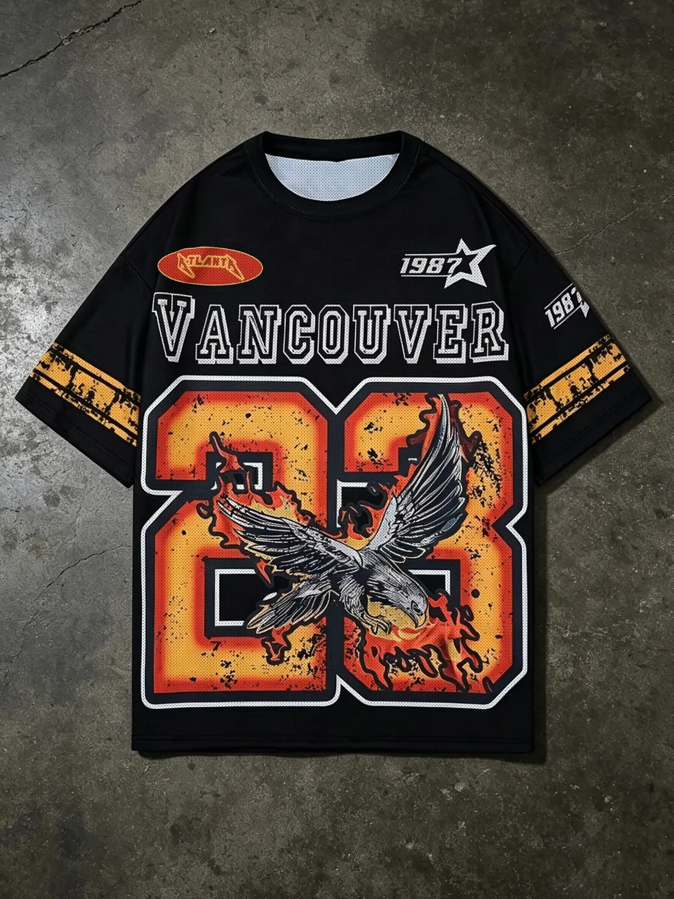 Men's Trendy Graphic Tee, Casual Tops, Retro Vintage Vancouver 23 Eagle Flame Print Short Sleeve T-Shirt, Street Style Men's Loose Jersey, Blockecore Athletic Wear, Y2K Grunge Aesthetic, Casual Wear Tops for City Walk and Music Festivals