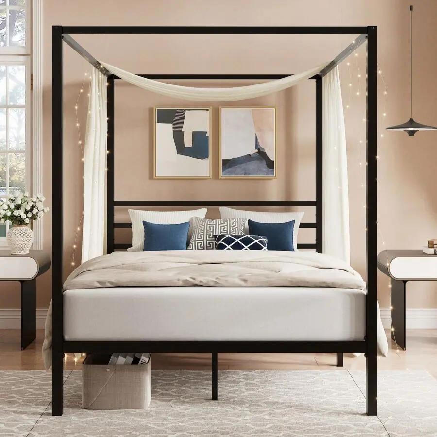 Allewie Black 4-Post Canopy Bedroom Bedframe - Full/Queen Size Bed Frame, Heavy-Duty Metal Iron, Noise-Free Mattress Foundation with 5.4" Slat Support, Over 12.4 Inches Storage Space, No Box Spring Needed, Easy Assembly, Fits Any Mattress