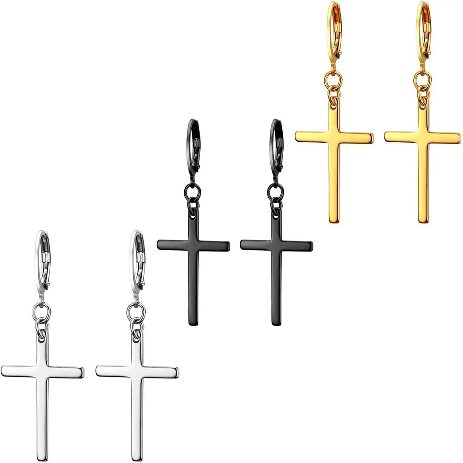 Crucifix Drop Earrings, 3 Pairs Unisex Stainless Steel Hinged Hoops with Dangling Cross, Modern Tarnish Proof Anniversary Gift, Hoop Shape