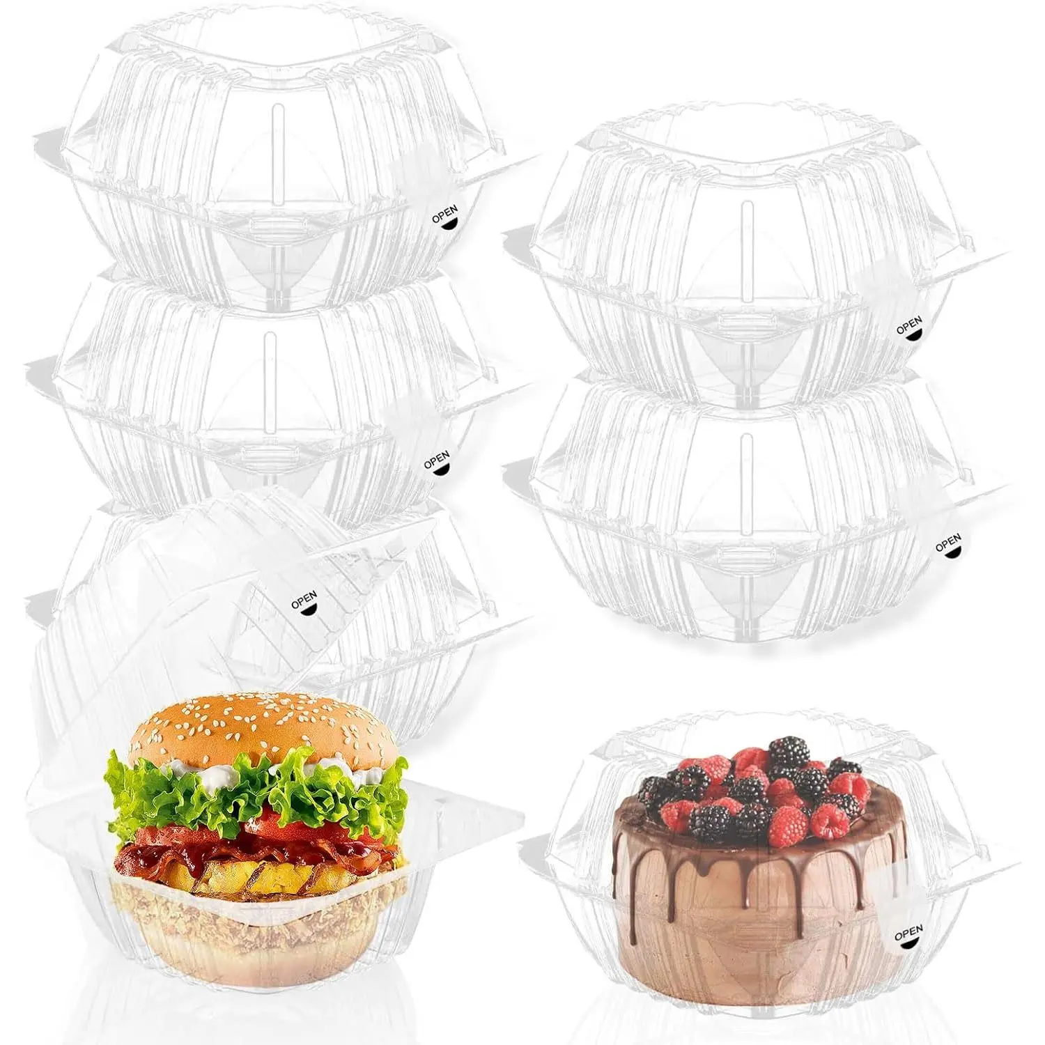 25 Pack 6x6in Clear Plastic Hinged Clamshell Takeout Containers with  | Disposable To Go Boxes with Sealing Stickers,  for Bakery, Cake, Dessert and Salad, Clear Clamshell  Containers