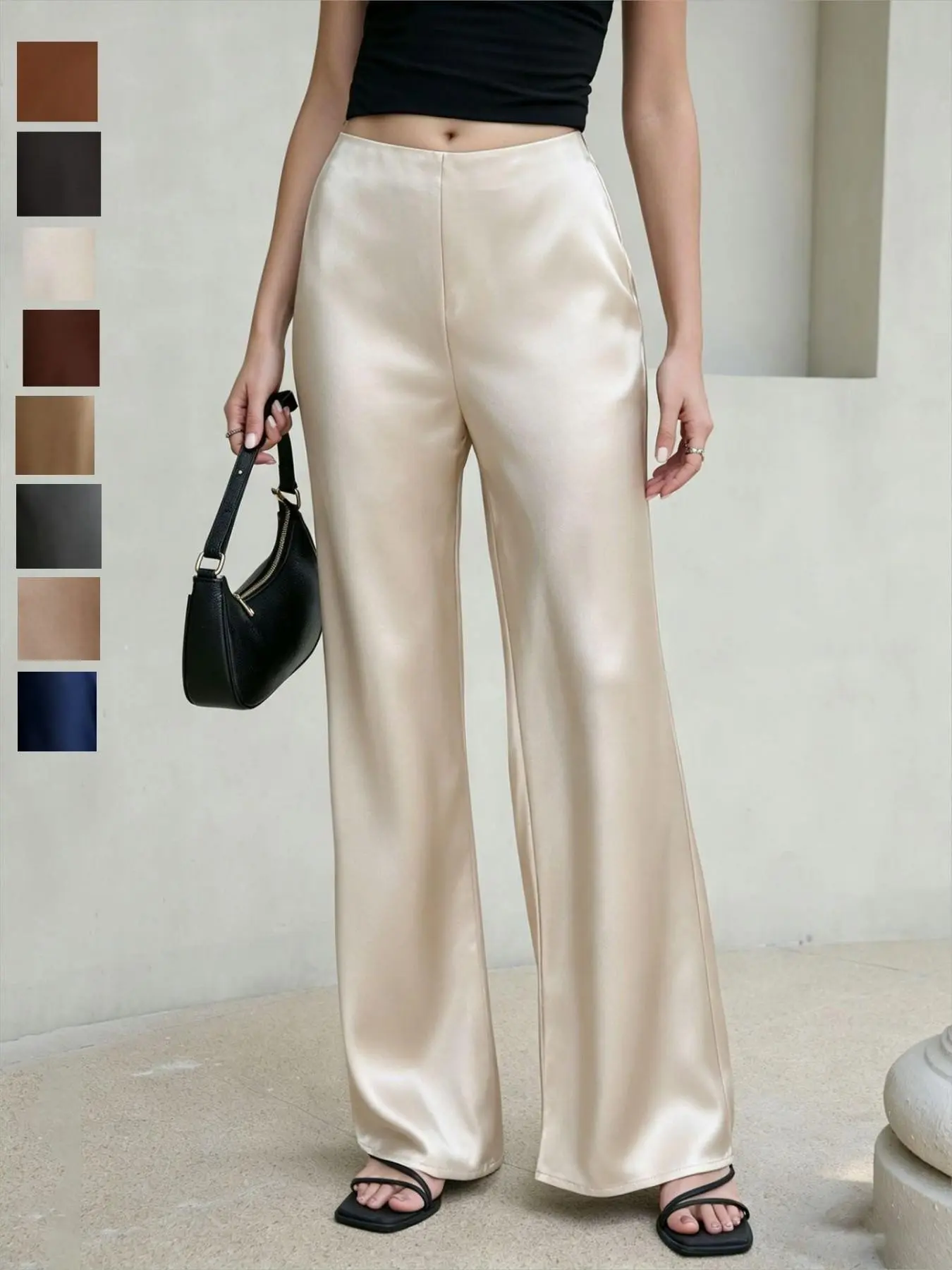 Elegant Acetate Satin Long Pants for Women, High-Waisted Straight Leg Wide Leg Pants, Office Wear Outerwear, Premium Quality