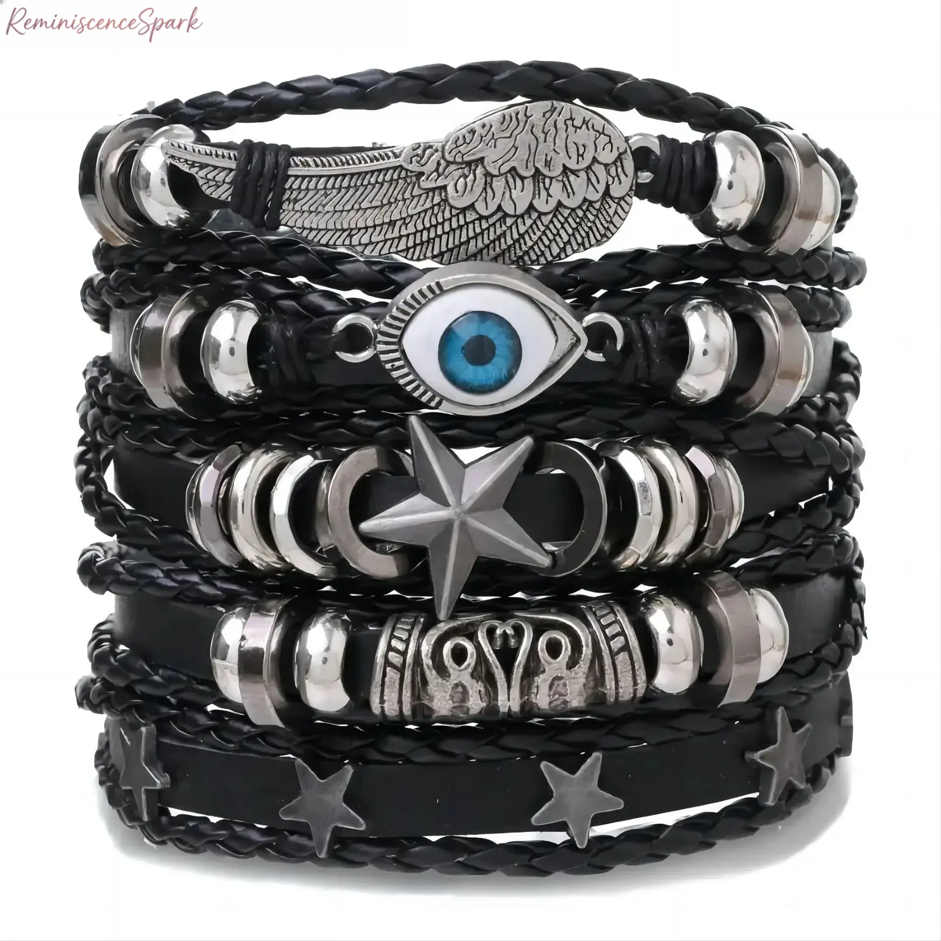 Multi-Layer Hand Braided Leather Bracelet with Engraved Eye Detail, Unisex Boho Wristband, Chic Sporty Casual Jewelry for Daily Wear, Sports and Outdoor Outfit Styling