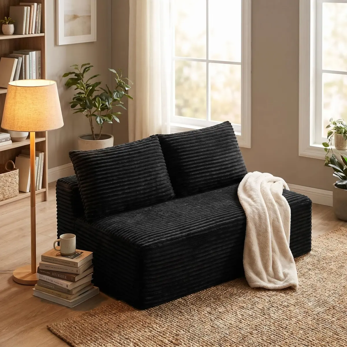 [Bellemave] Corduroy Ground-Hugging Compressed Loveseat, Armless No-Legs 2-Seater Sofa for Living Room Small Apartment