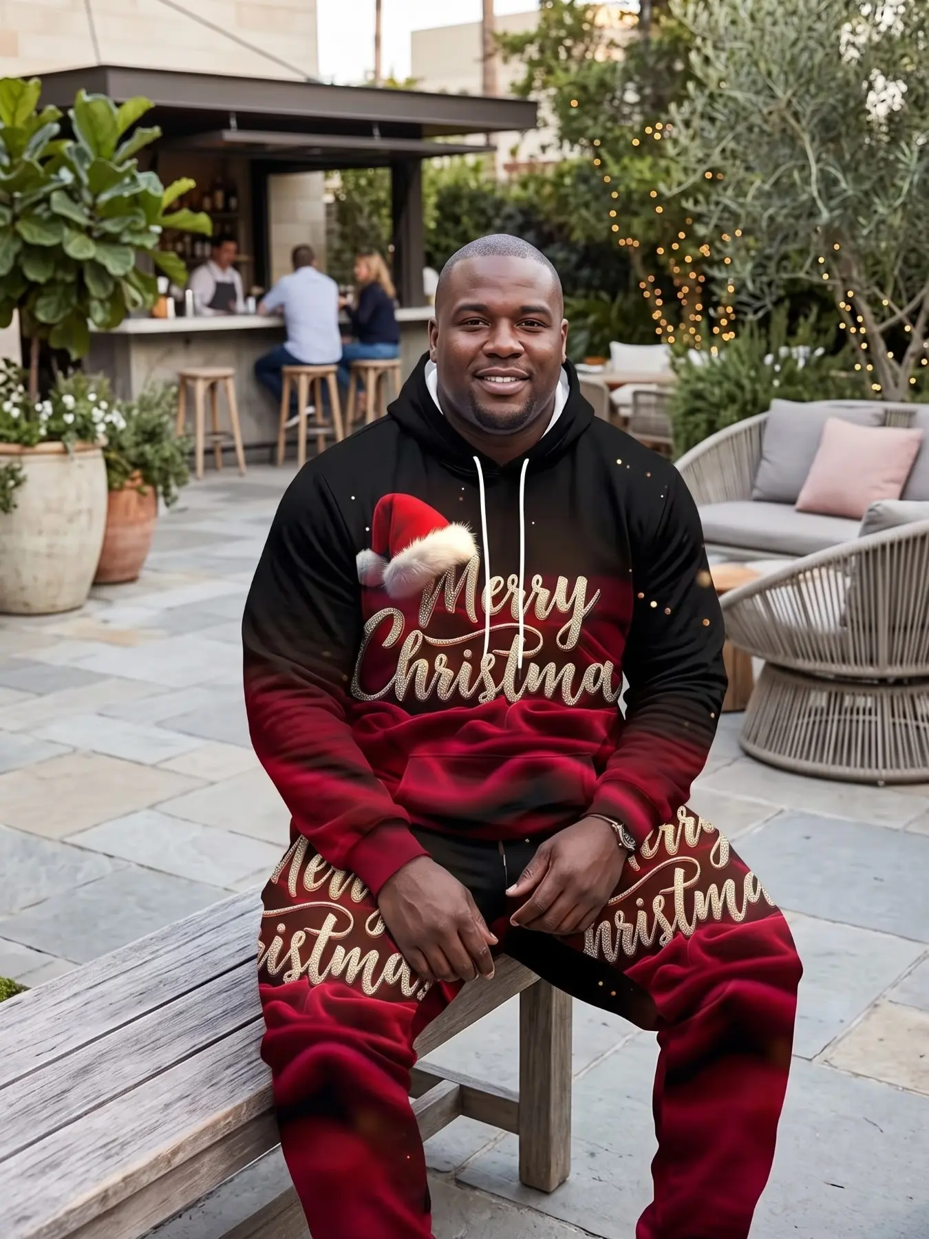 Men's Plus Size 2-Piece Set, Christmas Theme Digital Print Sweatshirt and Pants, Holiday, Santa Hat Included
