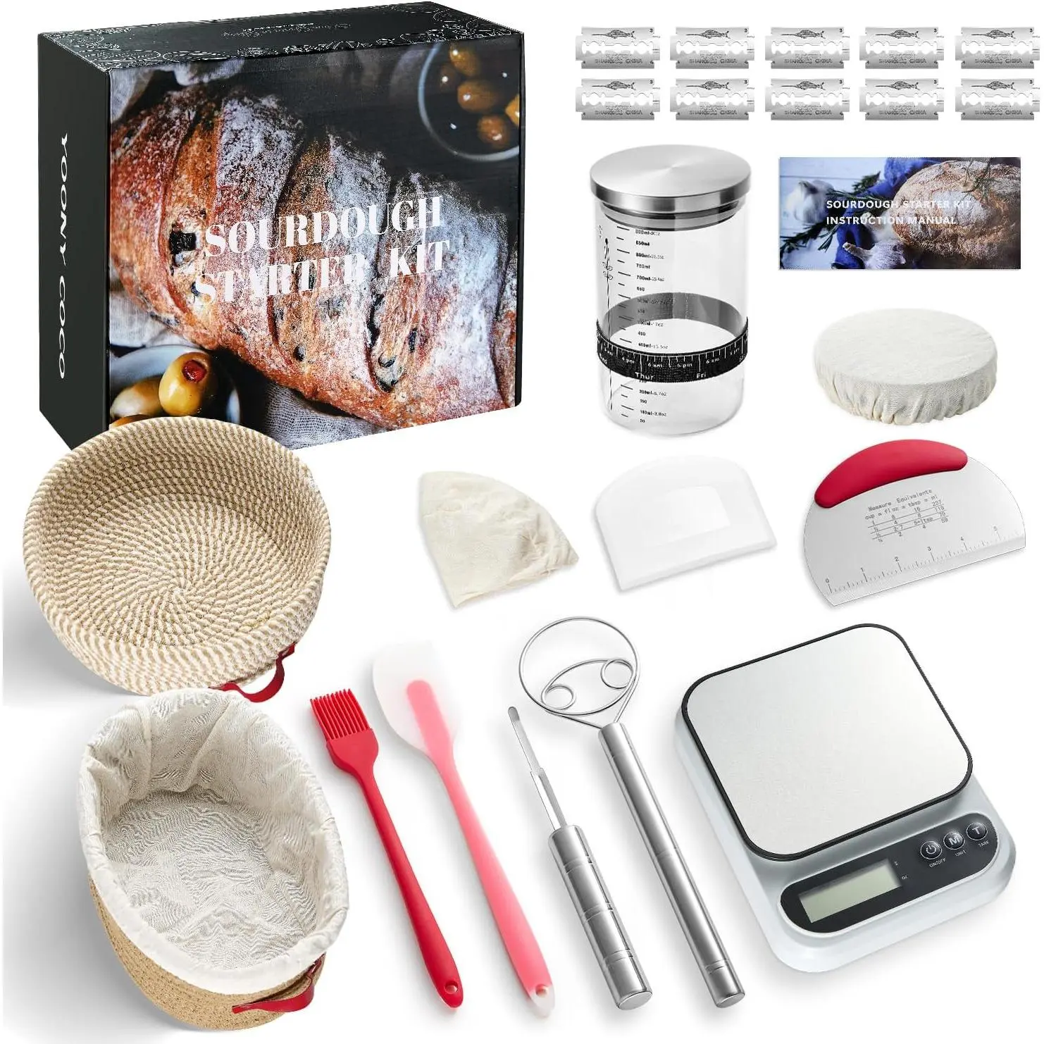 Sourdough Bread Baking Supplies, Sourdough Starter Kit with scale, Starter Jar, Bread Making Tools Kit, Sour Dough Kit Tools, Sourdough Proofing Basket, Sourdough Kit Gifts for Bakers Women Wife Mom