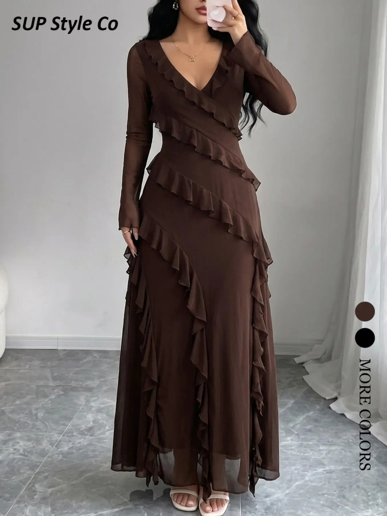 Deep V Ruffle Mesh Long Sleeve Dress for Women, Vintage Elegant Style, Perfect for Fall Winter Evening Parties and Events