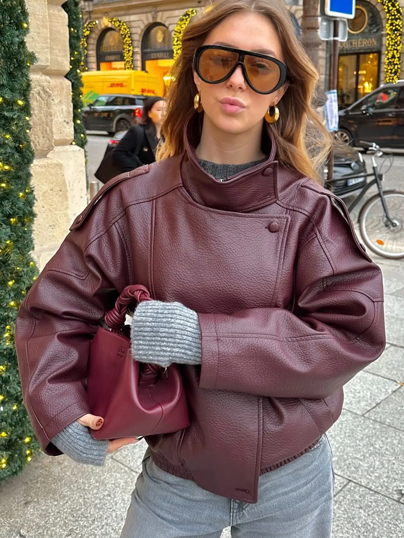 Women's Leather Jacket Asymmetric Oversized Bomber Jacket Vintage Long Sleeve High Neck Motorcycle Jacket Outerwear For Spring & Fall Minimalist Womenswear Loose-Fitting Casual Coat For Daily Wear