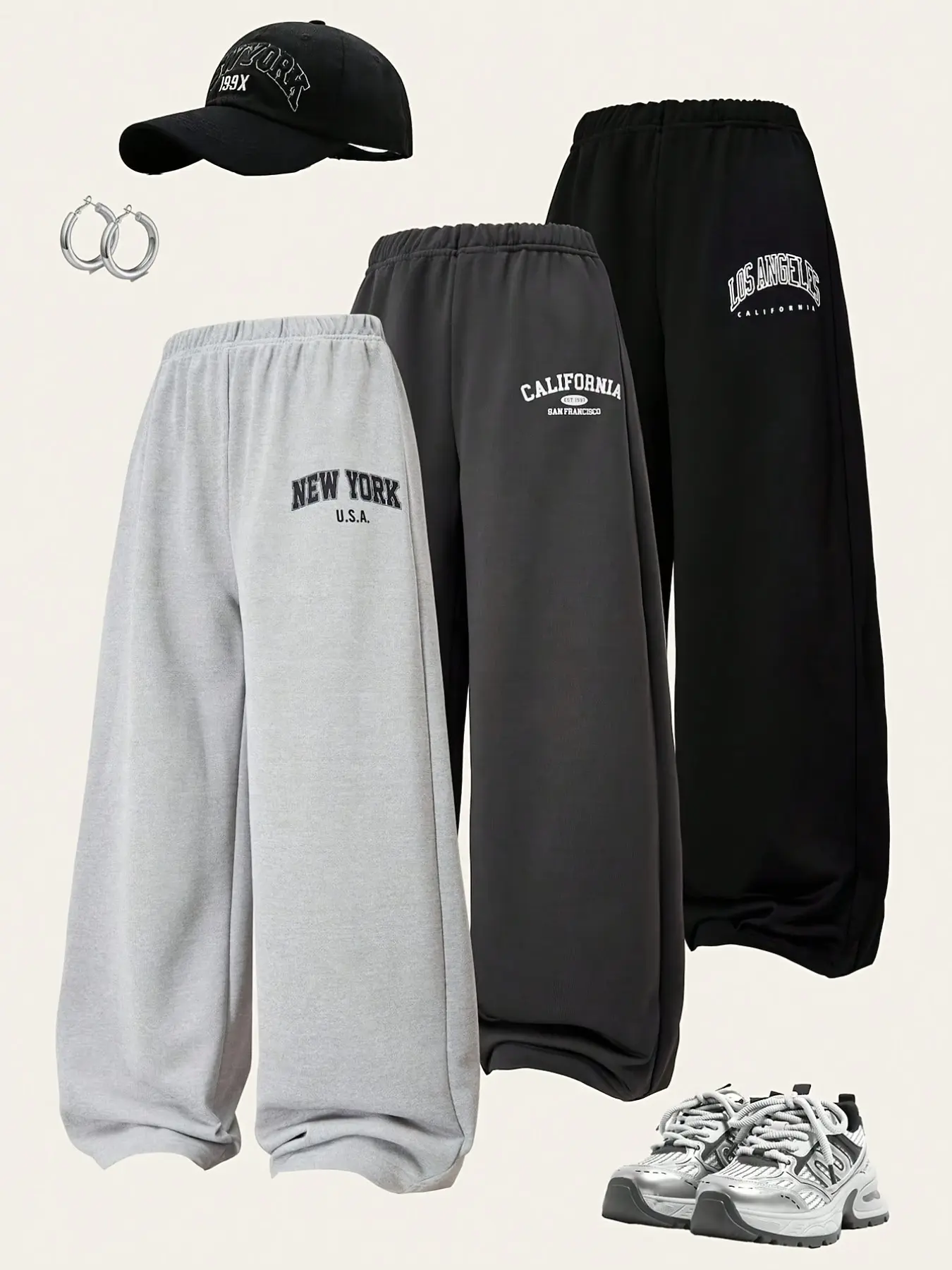 3-Pack Girls' Letter Pattern Sport Pants, Athleisure Style Bottoms, Long Straight-Leg Trousers, Casual All-Season Wear, 3 Colors, Spring & Fall Daily