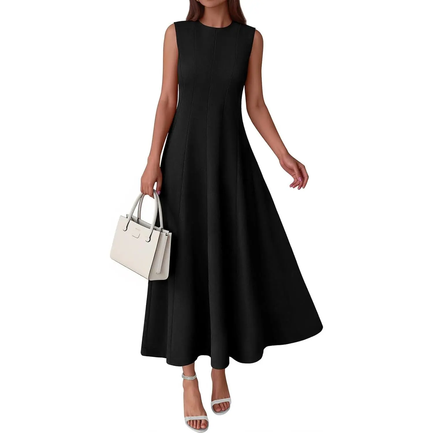 Women's 2026 Sleeveless Crew Neck Cotton Fabric Solid Black Maxi Dress - Comfortable, Classy, Modest Semi Formal Sundress with Pockets for Birthday, Cruise Events