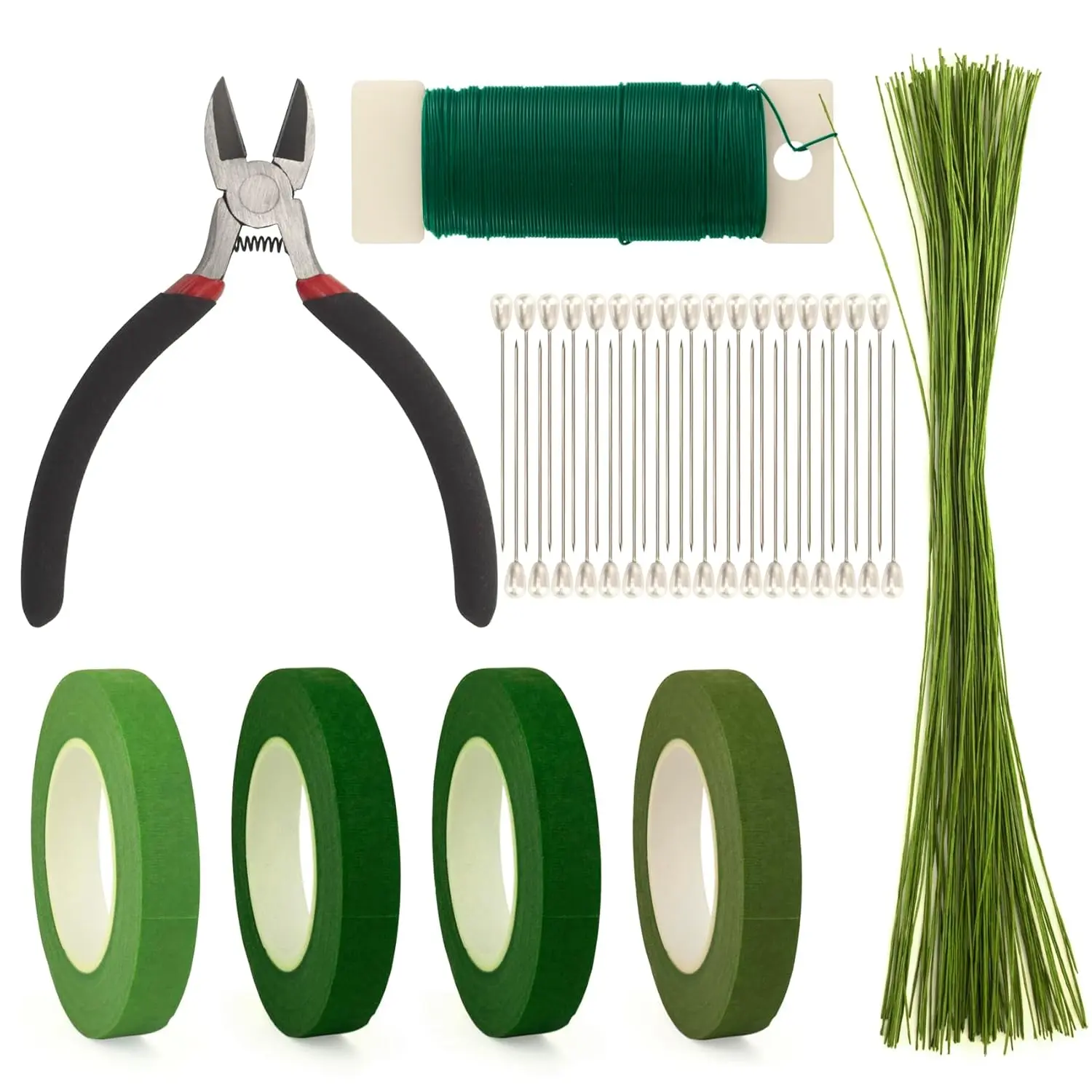 Floral Arrangement Kit, Green Floral Tape Floral Stem Wire Floral Wire Boutonniere Flower pin and Wire  Tools Kit for Bouquet Stem Wrap Florist, Wreath Making Supplies
