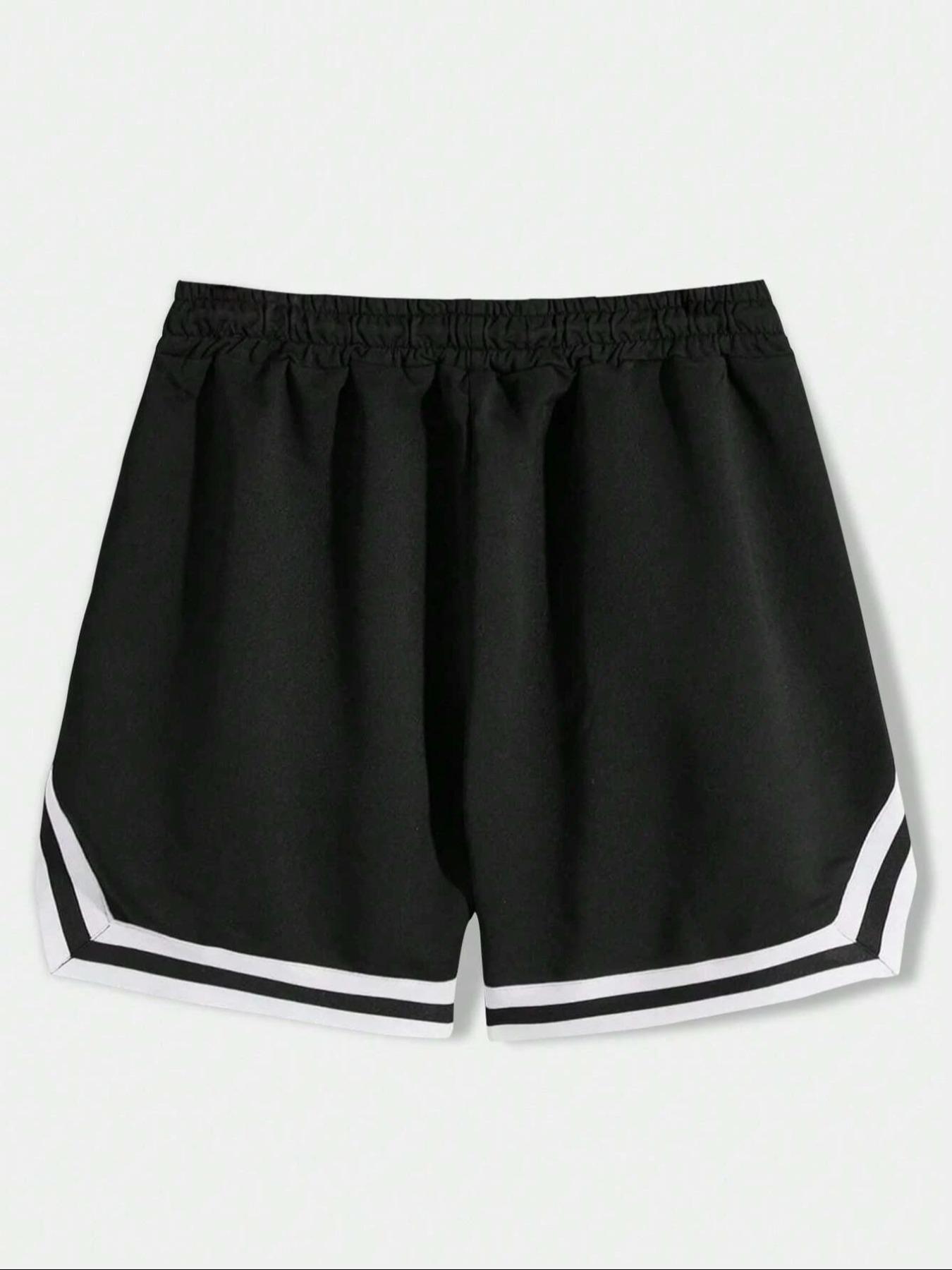 Men's Cross & Letter Print Drawstring Baggy Shorts, Loose Casual Streetwear Striped Trim Elastic Waist Pocket Track Shorts Polyester for Summer, Fashion Men's Baggy Bottoms for Daily Wear