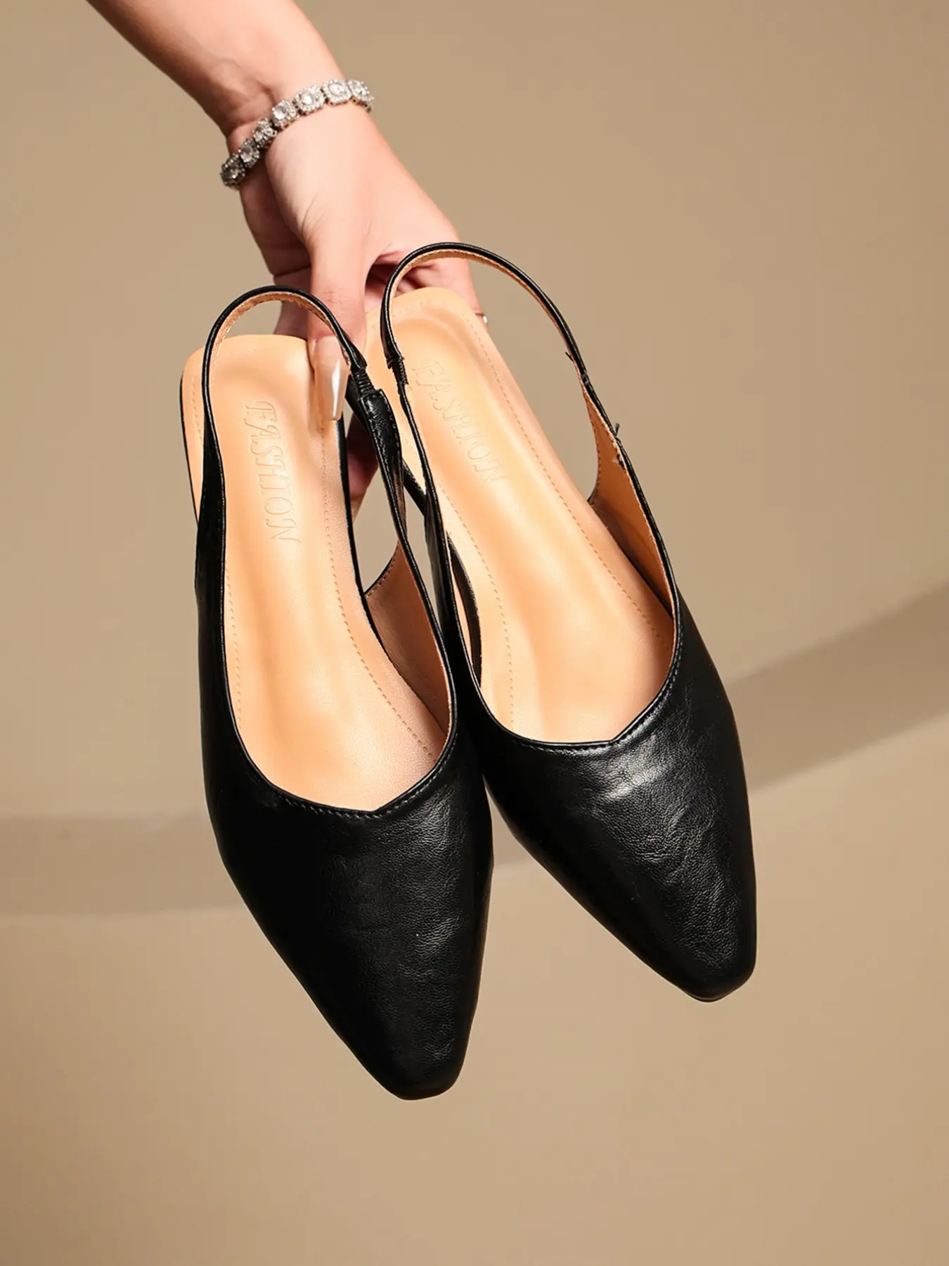 Women Pointed Toe Slingback Flats Trendy Crinkle Faux Leather Adjustable Thin Rear Strap Slip On Backless Flat Pumps Fashionable Flat Sandals Office Dating Coffee Daily Smart Casual Outfits Daily Wear Sandals 3 Colors Black Nude Burgundy