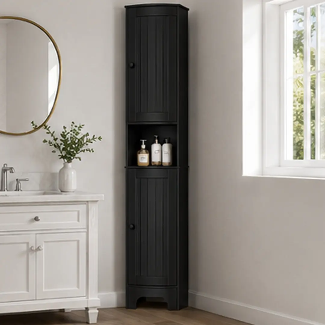 ARCH Black Tall Corner Bathroom Storage Cabinet with Two Doors and Adjustable Shelves, MDF Floor Standing Cupboard for Small Spaces, 66.9 Inch Height, Open Shelf, Waterproof Finish, Space-Saving Triangle Design, Bathroom Furniture Organizer