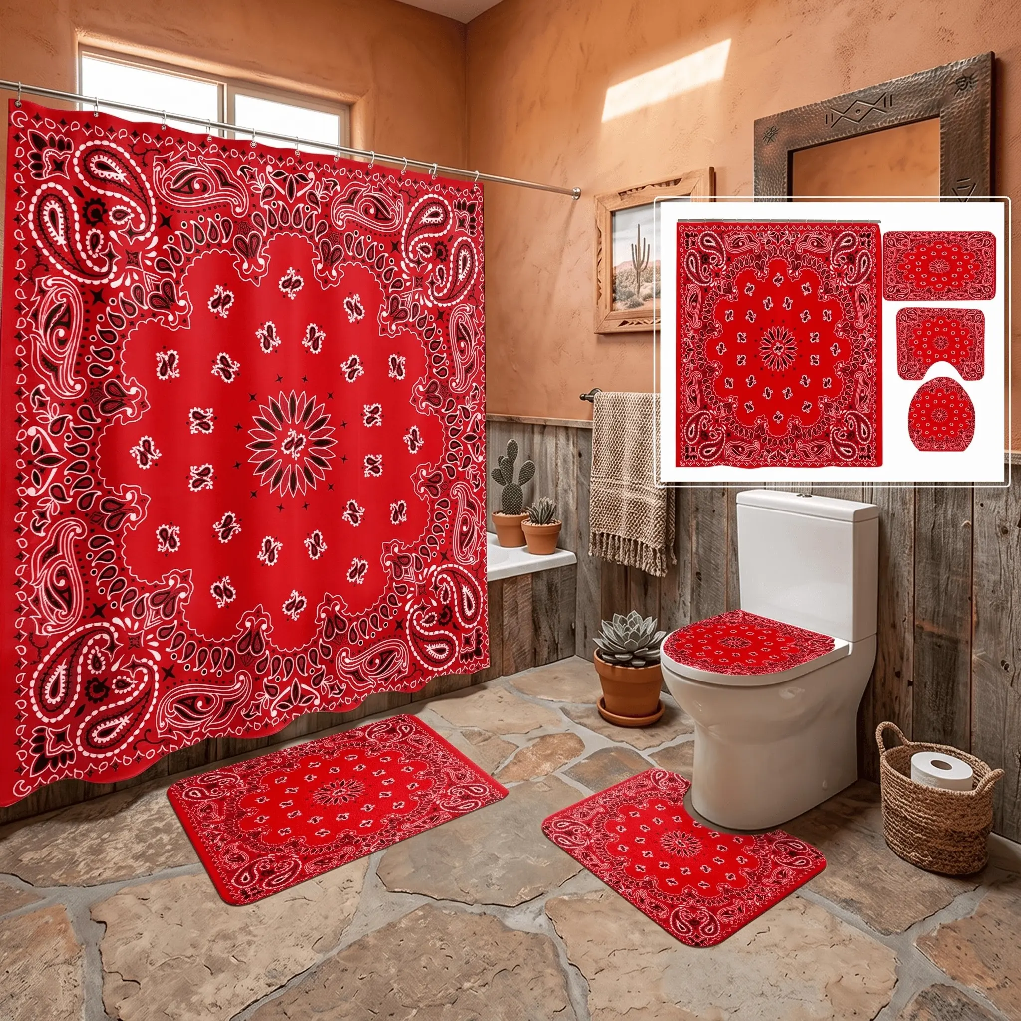 4pcs Bandana Shower Curtain Set with Rugs, The floor mat fabric is thicker and softer! Western Cowboy Paisley Bathroom Decor, Vintage Boho Style, Christmas Gifts