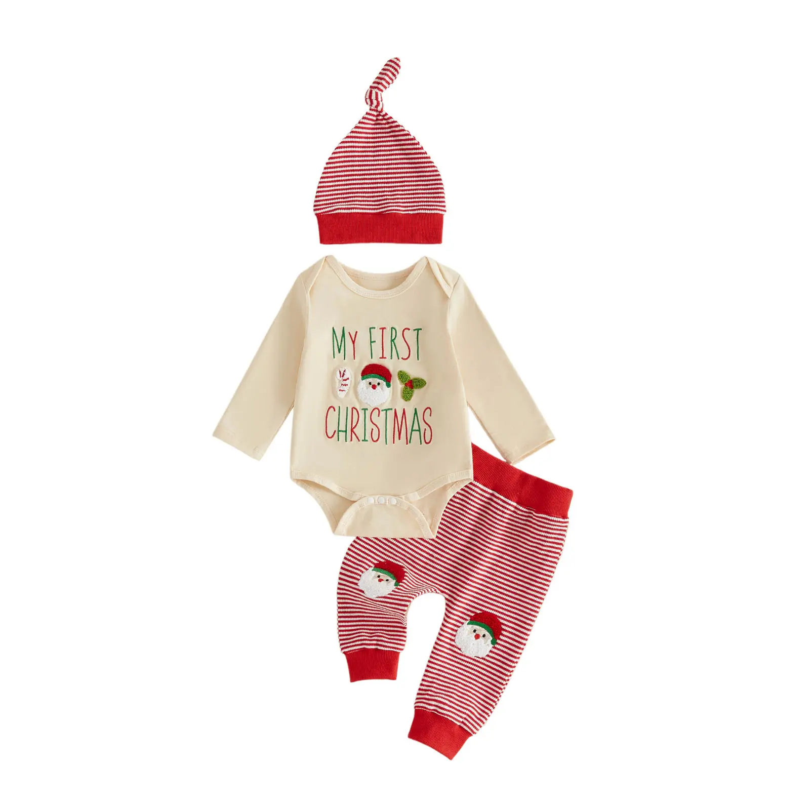 Baby Boy Christmas Outfit Long Sleeve Crew Neck Romper with Stripe Pants Hat Cute Set
