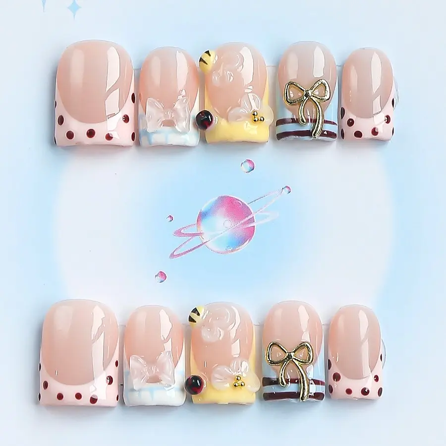 Nailssbysheccid, 10pcs press-on nails, Decorative nails, square shape, 100% handmade, simple style, French style, 3D, suitable for family dinners, dates, gift for girls, comes with jelly glue, crystal sticks and twisting rods