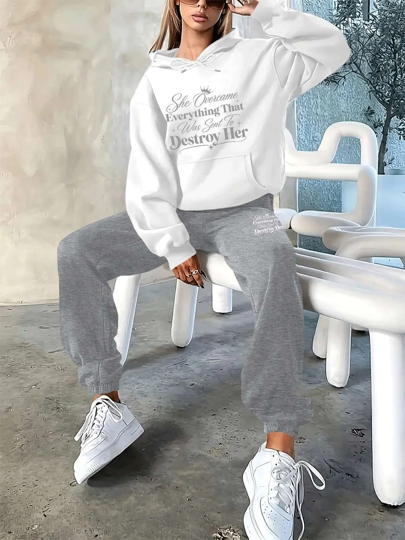 Women's Casual Letter Print Sweatshirt Set, Long Sleeve Hoodie with Pockets, Colorful Pants, Spring & Fall, Office Wear